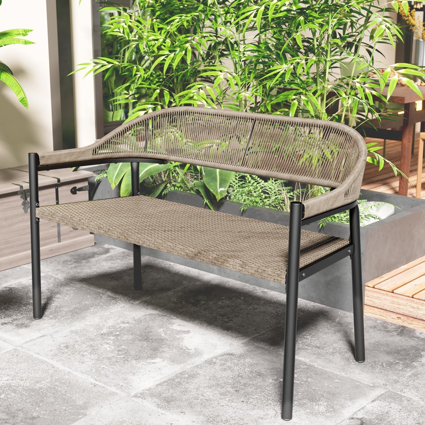 OPENAIRCOMFORT Outdoor Loveseat Bench,46.8 Inches Wicker Frame Patio Bench, All Weather Outdoor Bench with Rattan Backrest Armrests and Metal Legs for Lawn, Front Porch, Park, Yard