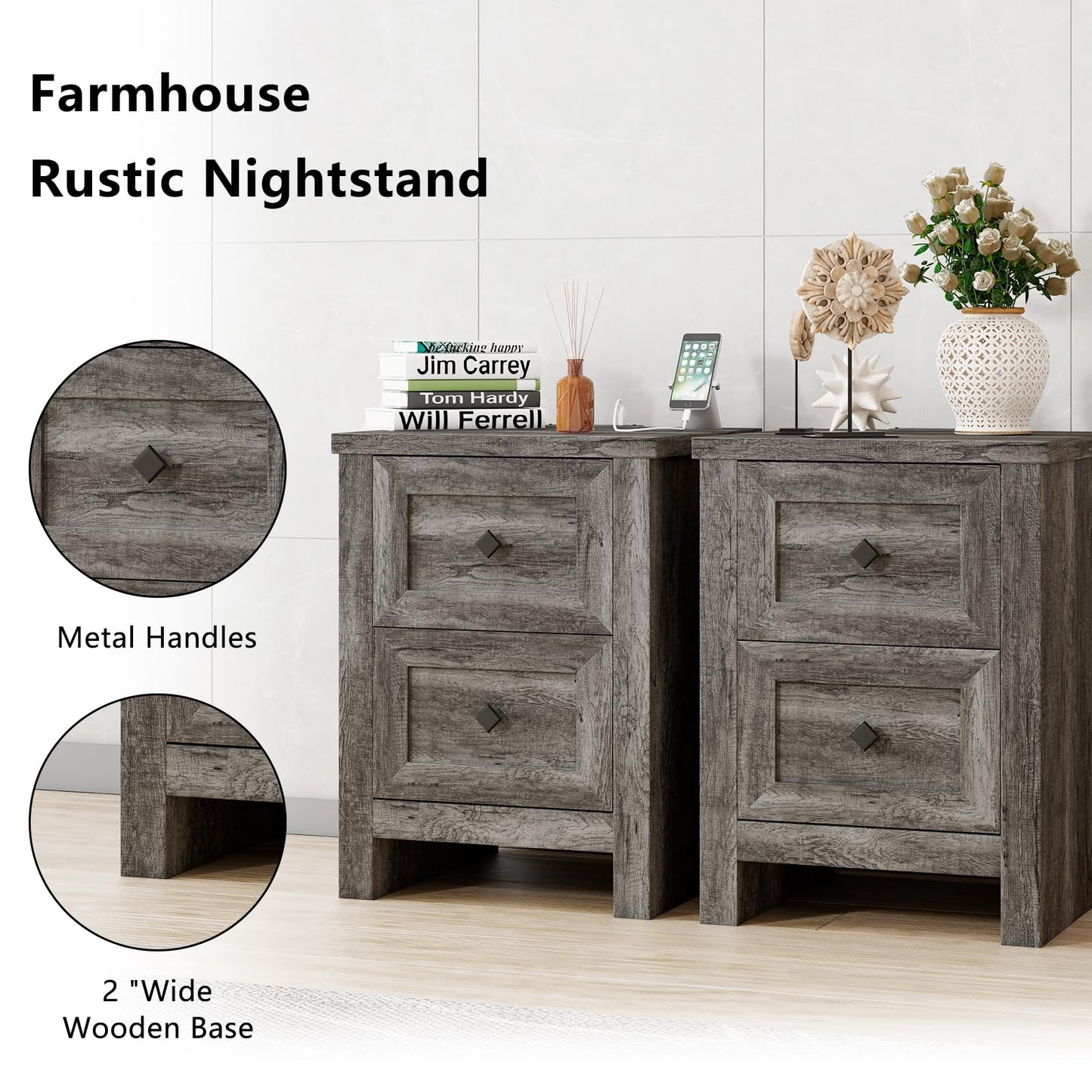 LUXOAK 3 Pieces Bedroom Sets, Includes Full Size Lift Up Storage Bed with Storage Headboard & Charging Station, 2 Drawers Farmhouse Nightstand Set of 2 with Charging Station, Rustic Grey