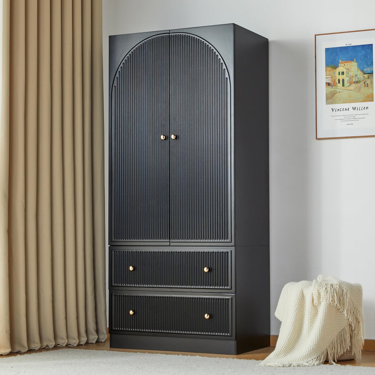 ORRD Black Freestanding Armoire Wardrobe Closet with 2 Doors and 2 Storage Drawers, Large Capacity Wardrobe Cabinet, Wooden Closet for Bedroom