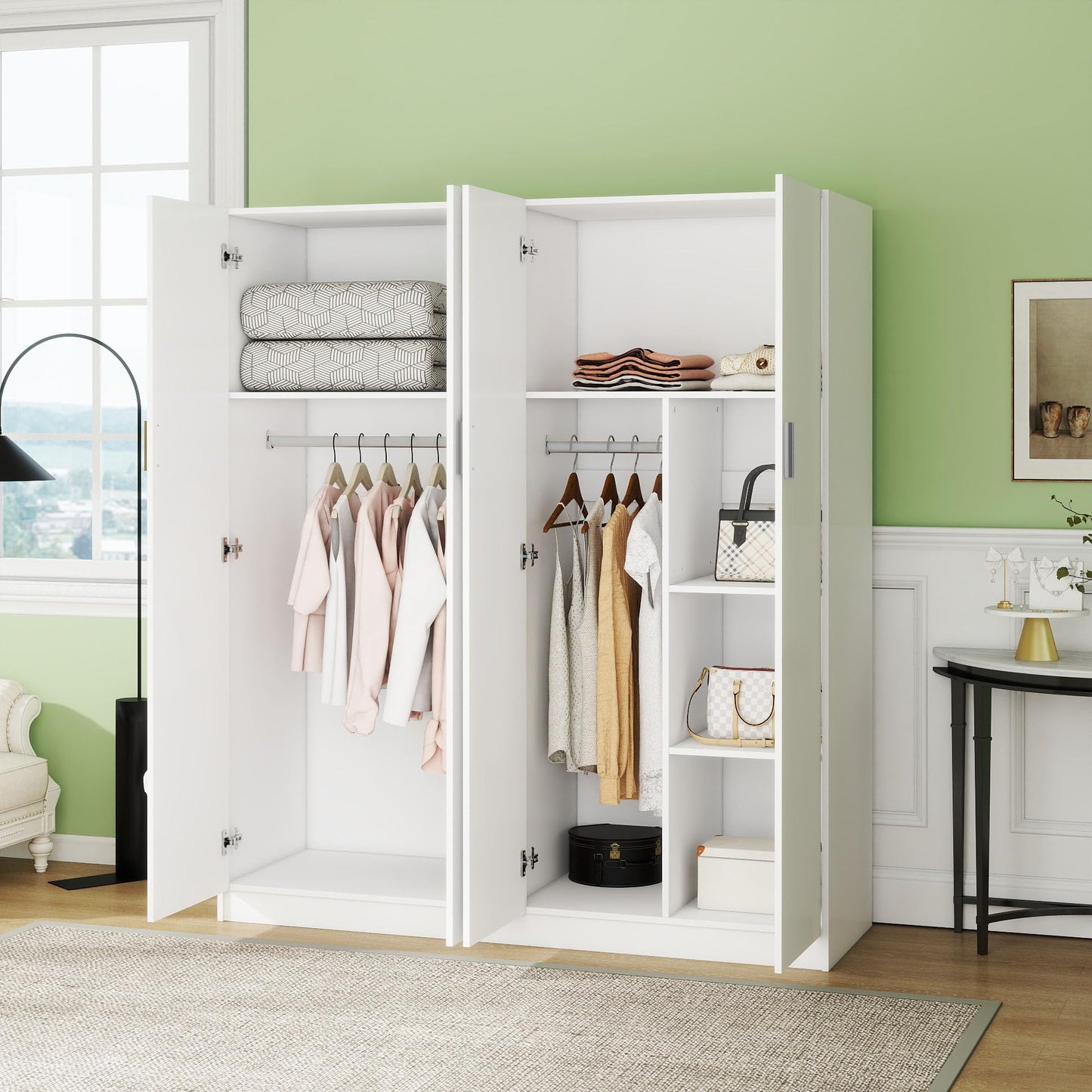 Panana Large Wardrobe Closet with Storage Shelves, 4 Door Armoires Wardrobe with 5 Shelves and 2 Hanging Rails for Bedroom