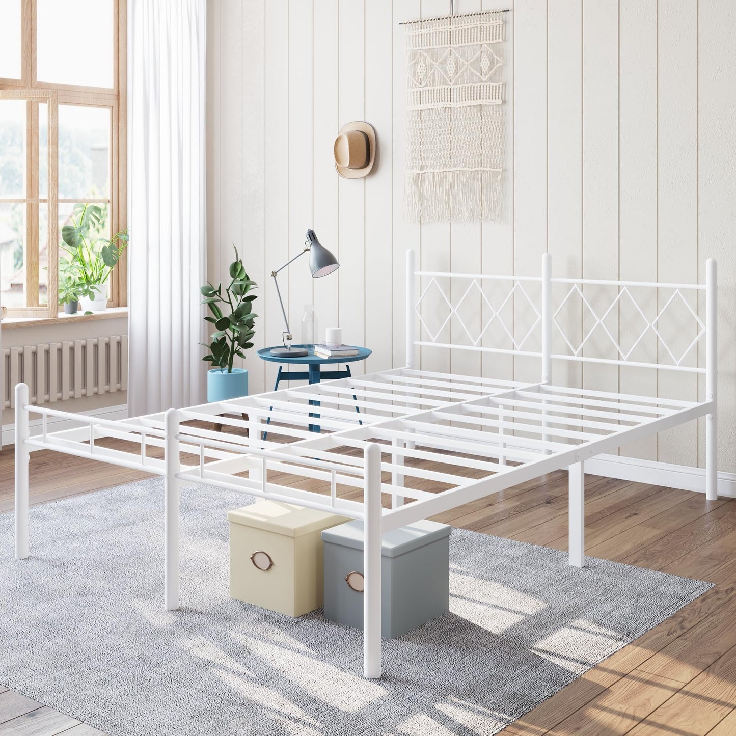 Kinshionroyal 14 Inch Full Size Bed Frame No Box Spring Needed,Metal Platform with Headboard and Footboard,Heavy Duty Slats Support Easy Assemble Noise Free(White and Rhombus)