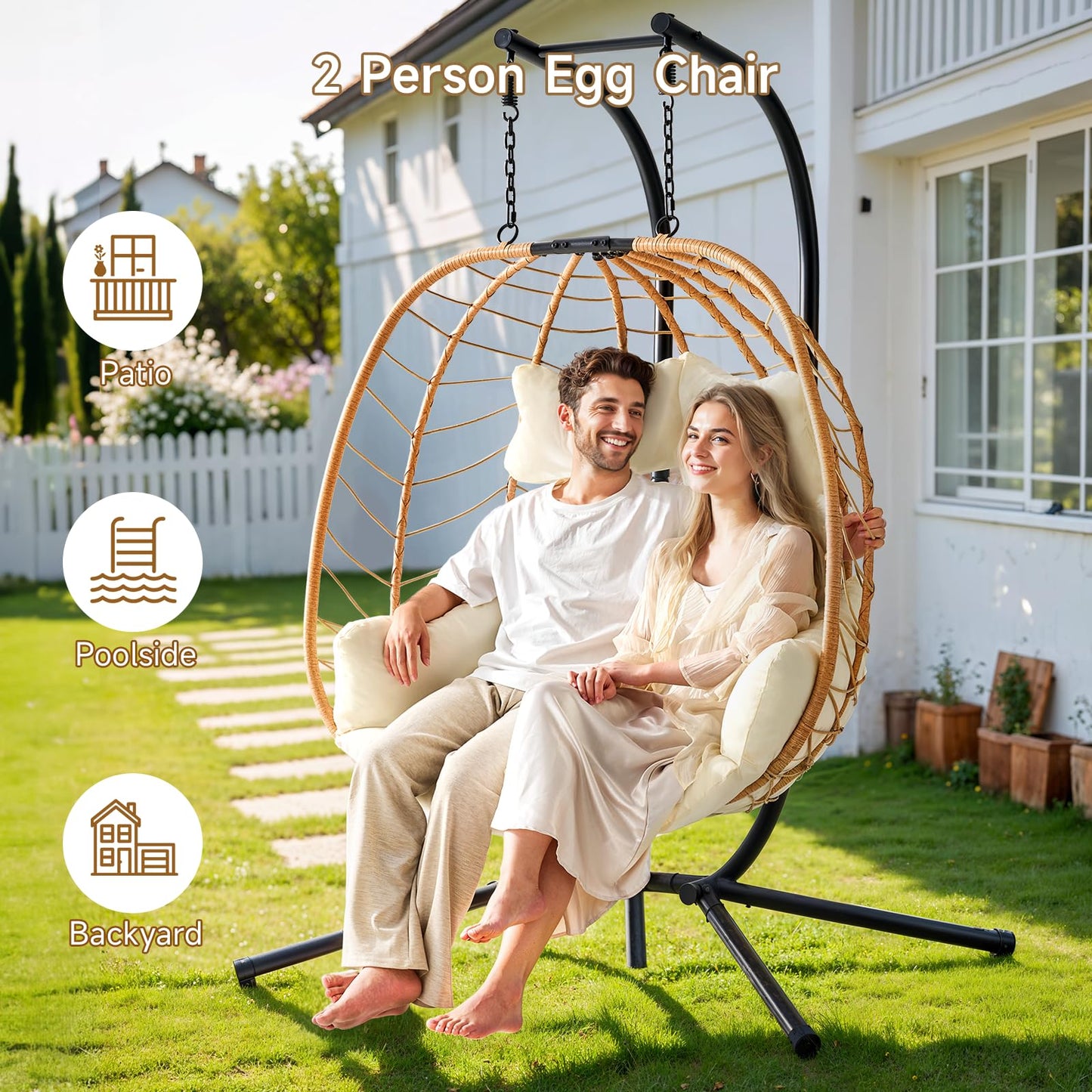 ONBRILL Double Egg Chair with Stand, Indoor Outdoor 2 Person Hammock Swing Chair with Cushions & Headrest, 650LBS Capacity Hanging Loveseat for Patio, Bedroom, Garden, Balcony (Yellow-Beige)