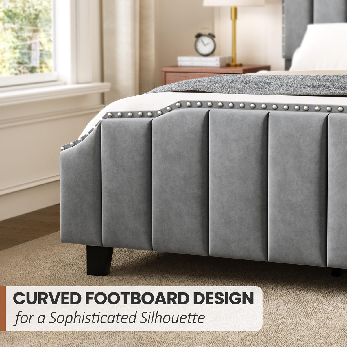 RIHHA Grey Queen Size Upholstered Platform Bed Frame with 46.8'' Tall Vertical Channel Tufted Headboard, Wooden Slats, Noise-Free, No Box Spring Needed, Easy Setup