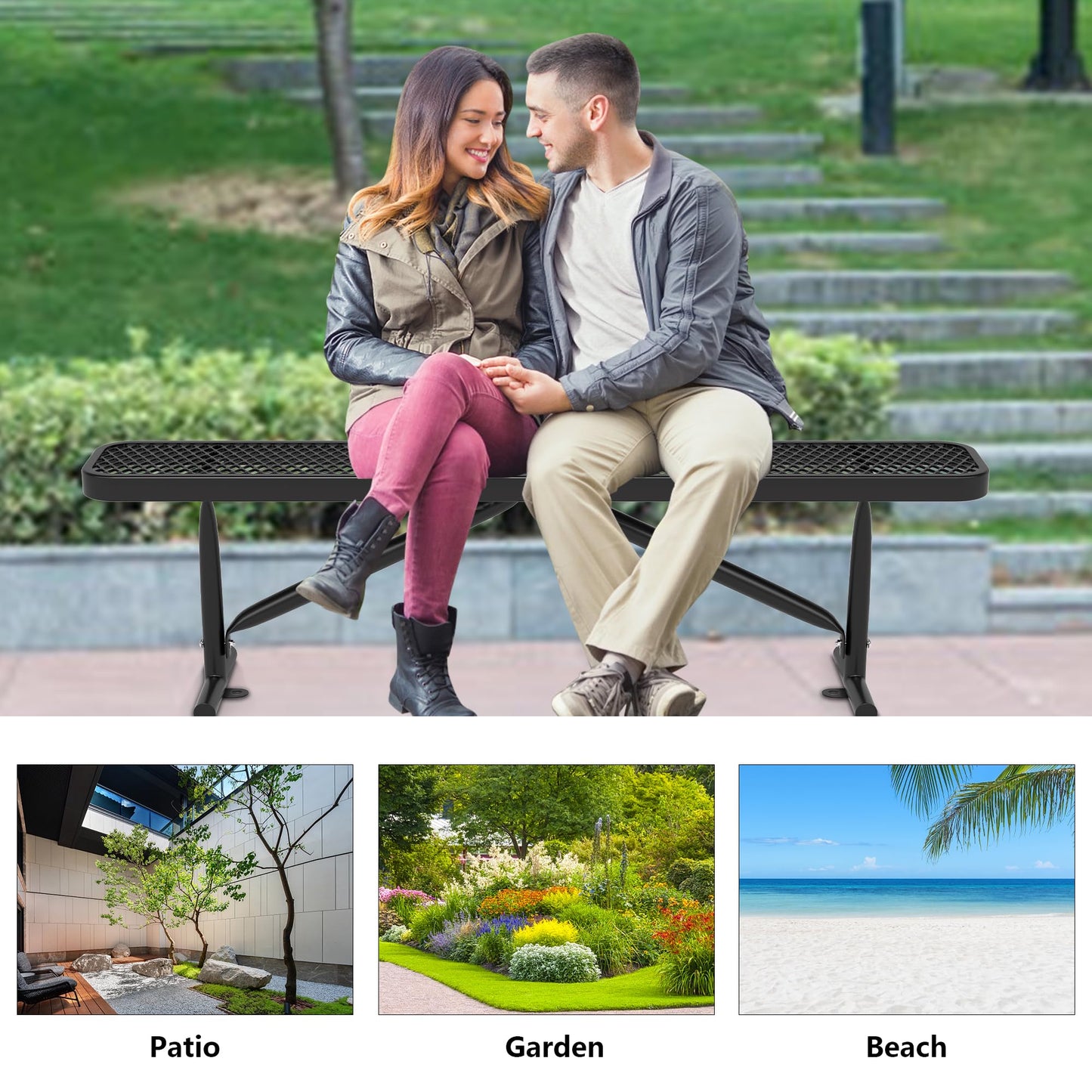 Sunnibety 6 Feet Heavy Duty Metal Park Bench for Outside, Outdoor Bench with Portable Frame, Commercial Benches for Shopping Mall, Store, Park, Patio, Deck, Black