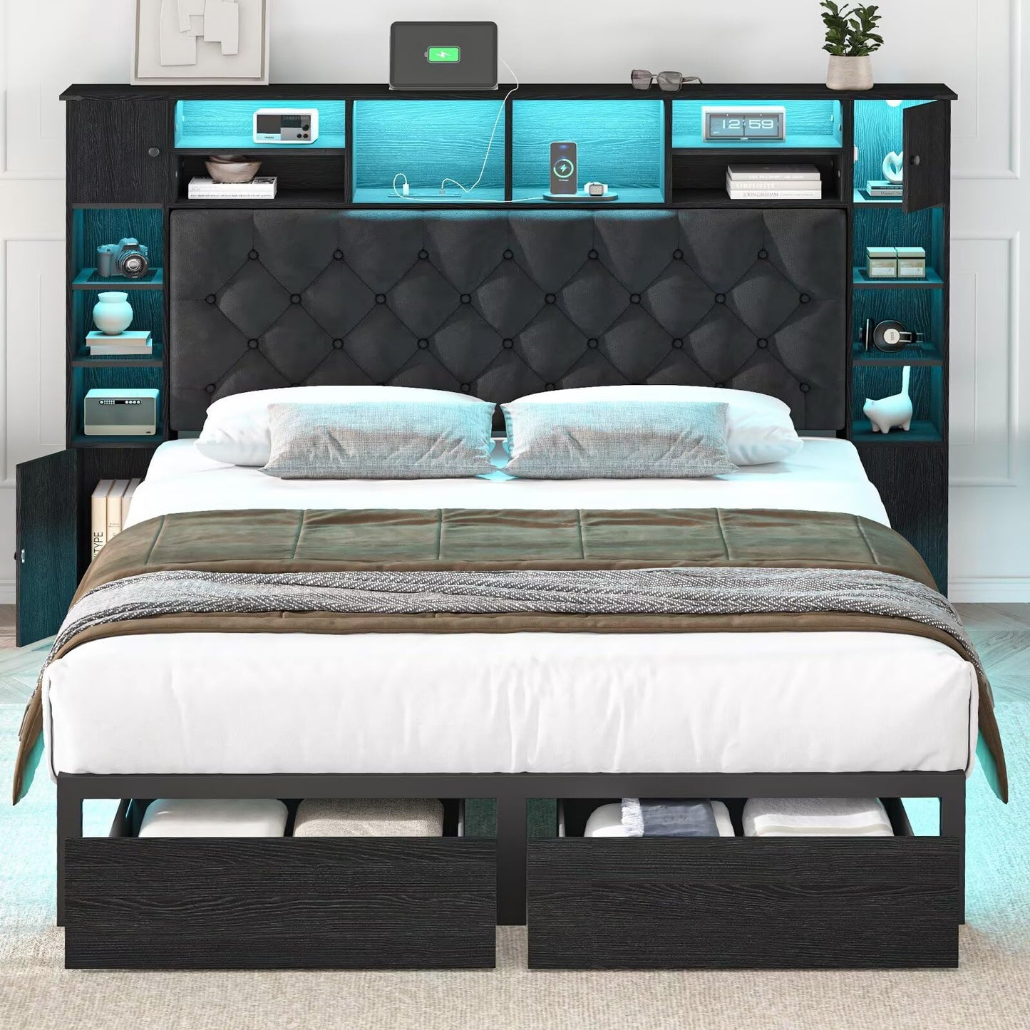 Siihnon Full Size Bed Frame with Bookcase Headboard and Storage Drawers, 51.2" Metal Platform Full Bed Frame with Charging Station and LED Lights, Velvet Upholstered Tufted Bed Frames, Black