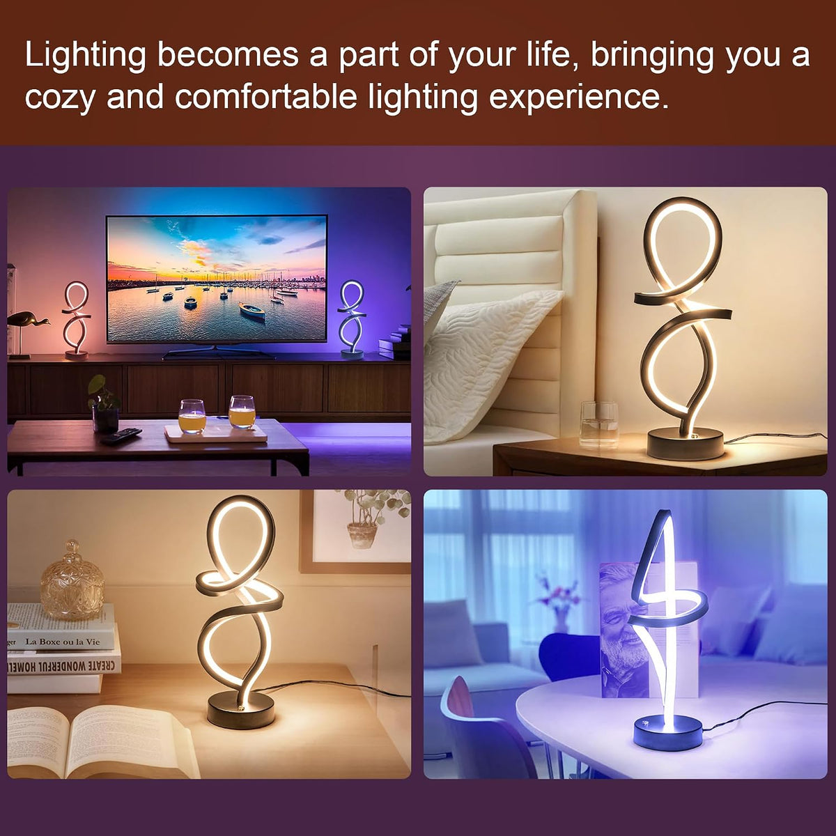 RGB Modern Small Table Lamp with LED Spiral Design, 15W Nightstand Lamp