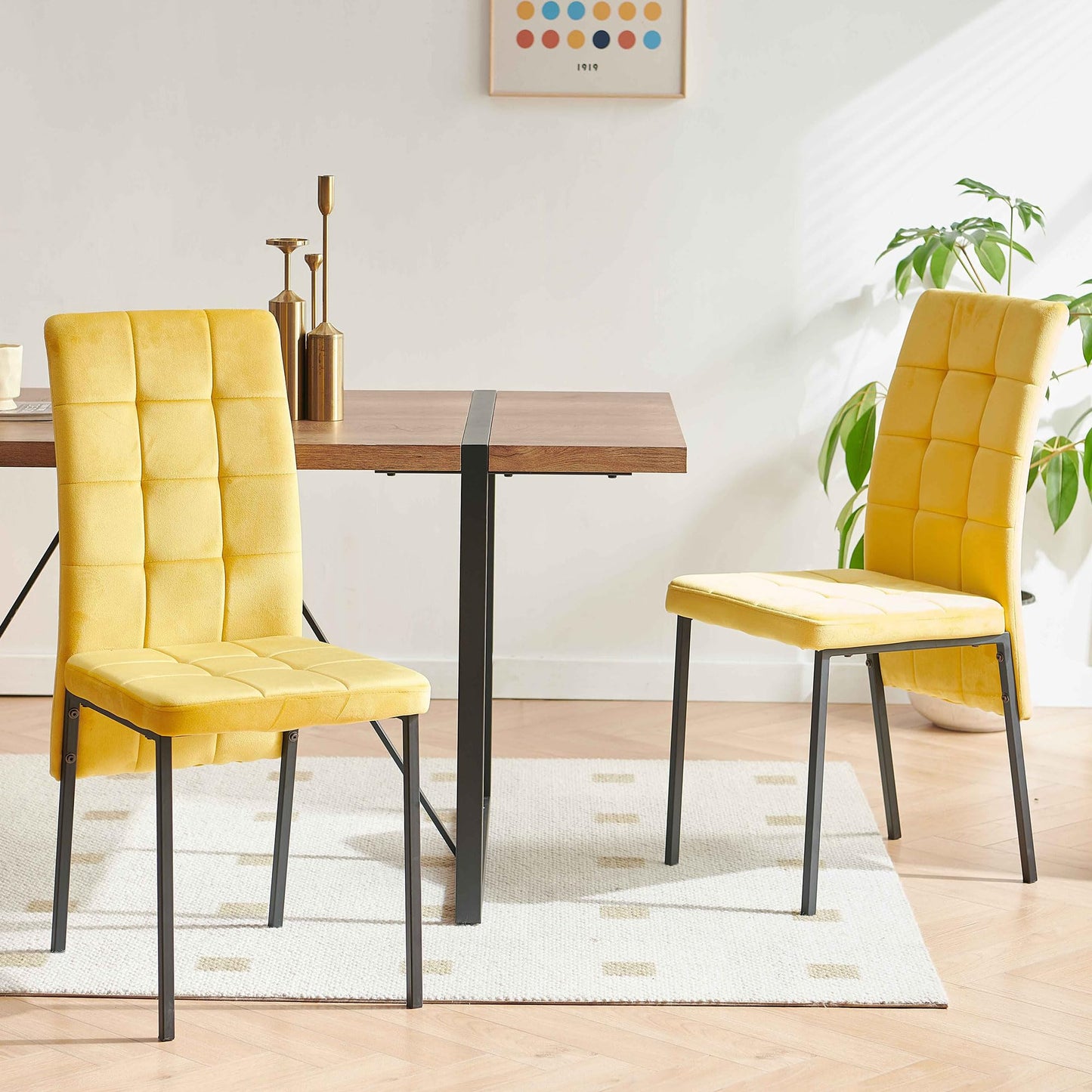 NORDICANA Upholstered Velvet Dining Chairs Classic Kitchen High Back Chairs Set of 4, Featured Dovetail Tufted Side Chairs, Black Metal Legs, Yellow