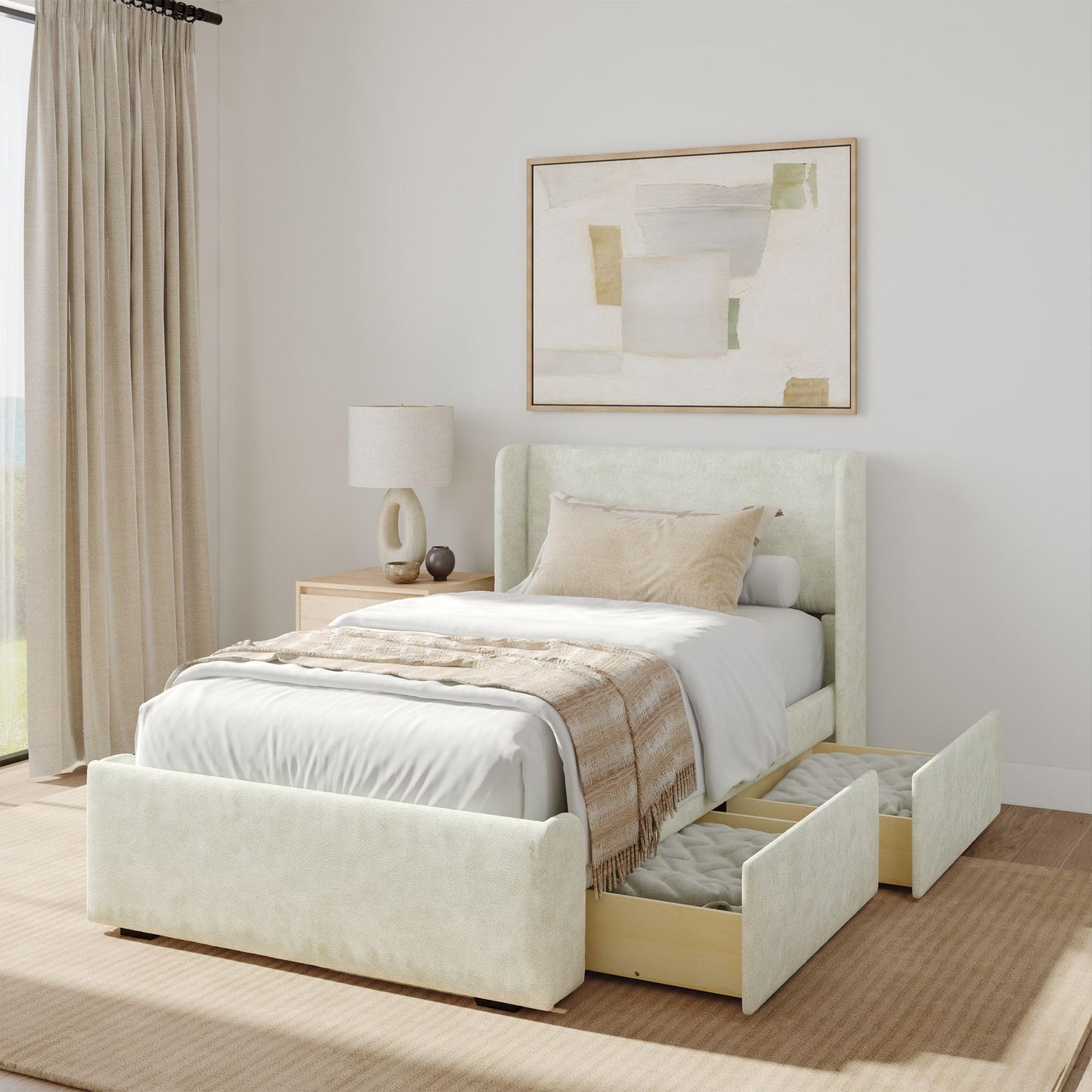 Plank+Beam Upholstered Twin Bed Frame with Rectangular Headboard and Two Storage Drawers, Upholstered Platform Bed, No Box Spring Needed, Easy Assembly, Cream