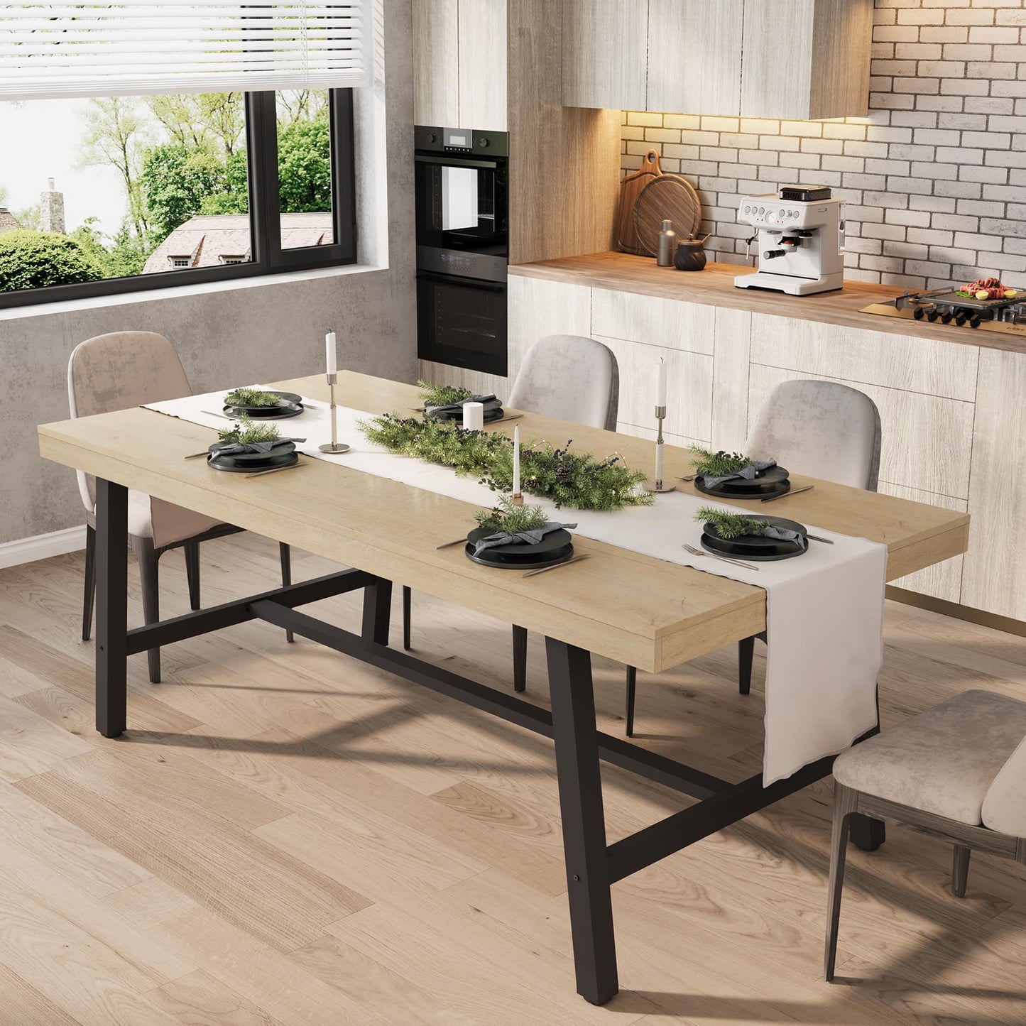 Industrial Dining Table for 6-8 People, 70.87" Long Wooden Kitchen Table with Sturdy Metal Frame & Rustic Brown Finish (Nature Wood, 70.87" Long)