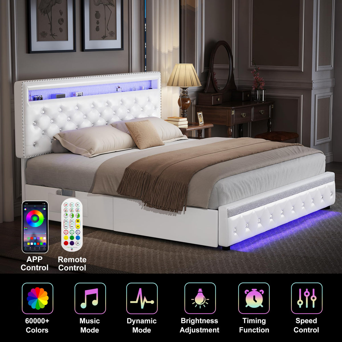 Torana Queen LED Bed Frame with 2 Drawers, PU Upholstered Platform Beds with Adjustable Storage Headboard, Crystal Button Tufted Wingback Bedframe with Wooden Slats, No Box Spring Needed, White