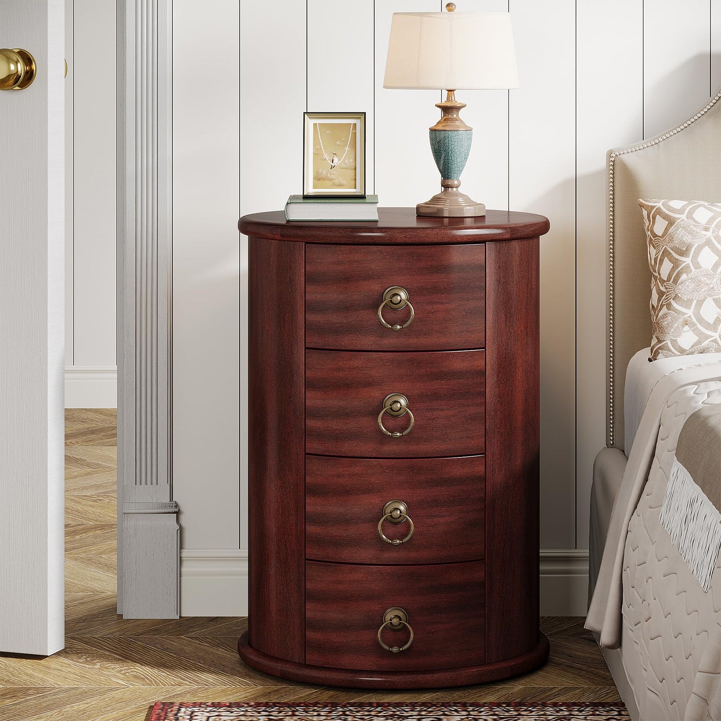 Tribesigns Solid Wood Nightstand, Round Night Stand with 4 Drawers, Rustic Bedside Table Tall Nightstand for Bedroom, Living Room, No Assembly Required (1)