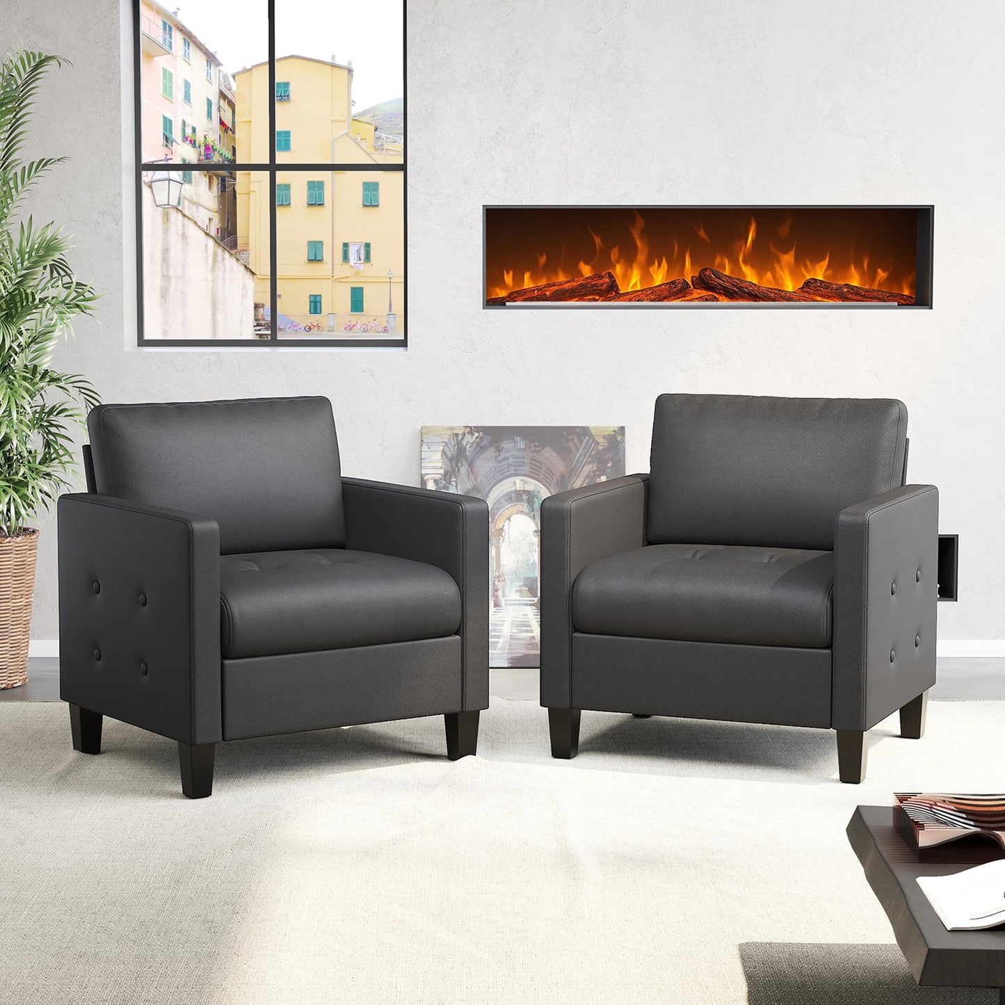 STHOUYN Accent Chairs Set of 2, Black Faux Leather Chair, Mid-Century Modern Living Room Chairs, Cozy Office Reading Chair with Tufted Seat and Armrest, Armchairs for Bedroom, Waiting Room (2)