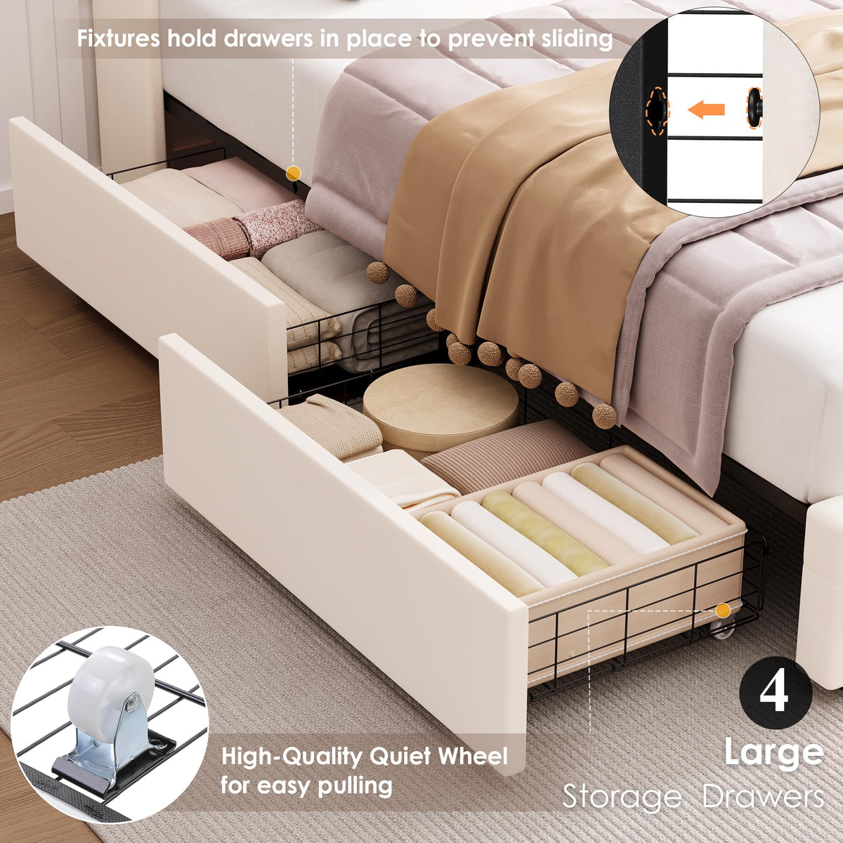 HIFIT Full LED Bed Frame with Charging Station and 4 Storage Drawers, Velvet Upholstered Platform Bed with Handcrafted Crystal Button Wingback Headboard, Metal Frame with No Box Spring Needed, Beige
