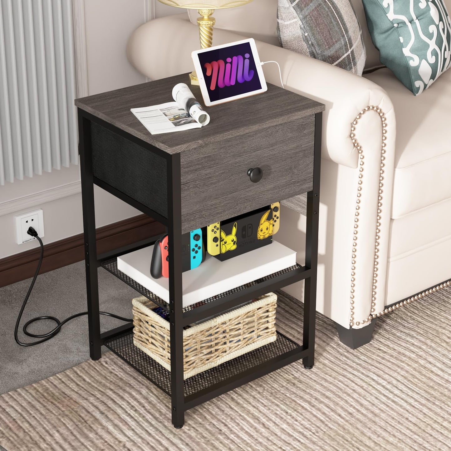 LTTDOUK Nightstands Set of 2 with Charging Station, Bedside Tables with Fabric-Wood 2-in-1 Drawer, End Table for Small Spaces, Grey Side Table with USB Ports and Outlets for Bedroom, Living Room