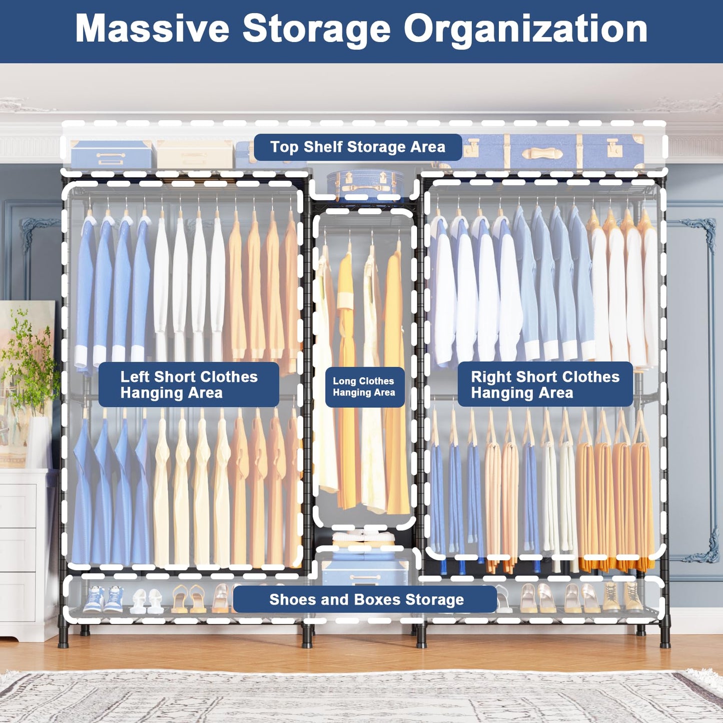 Ulif E12C Heavy Duty Closet Organizer System，Freestanding Clothing Rack, Adjustable Garment Rack 71" W x 16" D x 76.5" H Holds 960 lbs, Black Rack with Black Dustproof Cover