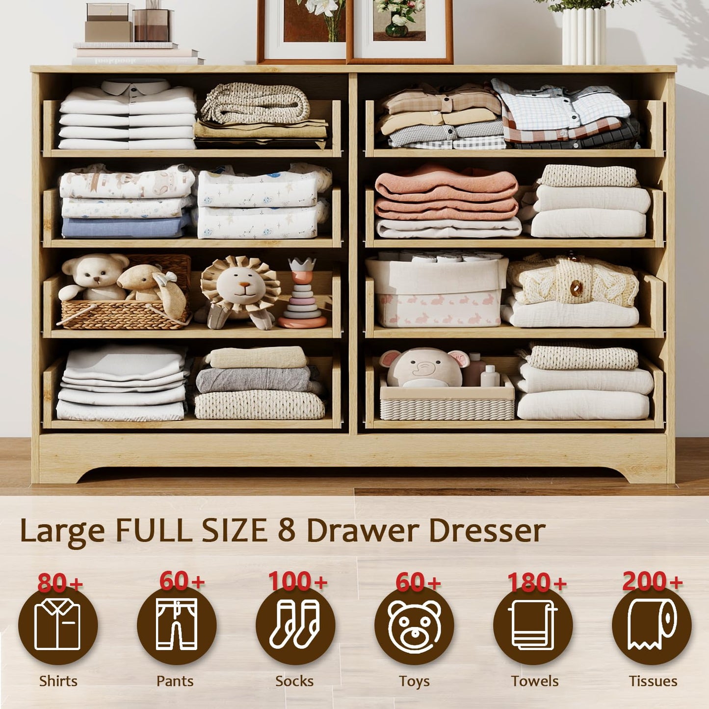 HOPUBUY 8 Drawer Dresser for Bedroom, Rattan Modern Closet Dressers Chest of Drawers, Boho Wood Double Wicker Dresser Storage Closet for Bedroom, Living Room, Entryway (Natural)