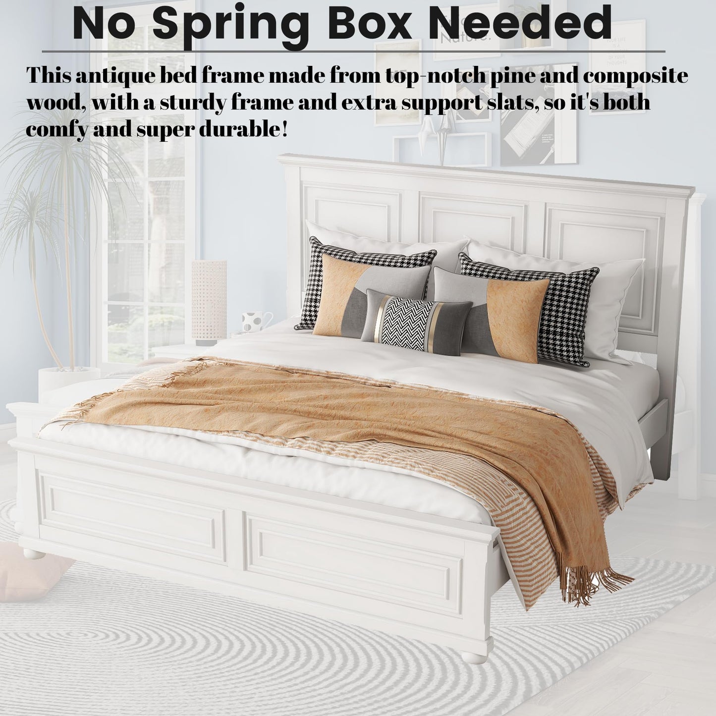 Duxelifin King Size Platform Beds for Bedroom, Tall Headboard King Bed Frame with Footboard, Pinewood Antique Bed Frame, Farmhouse Style, Noise-Free, No Box Spring Needed, White
