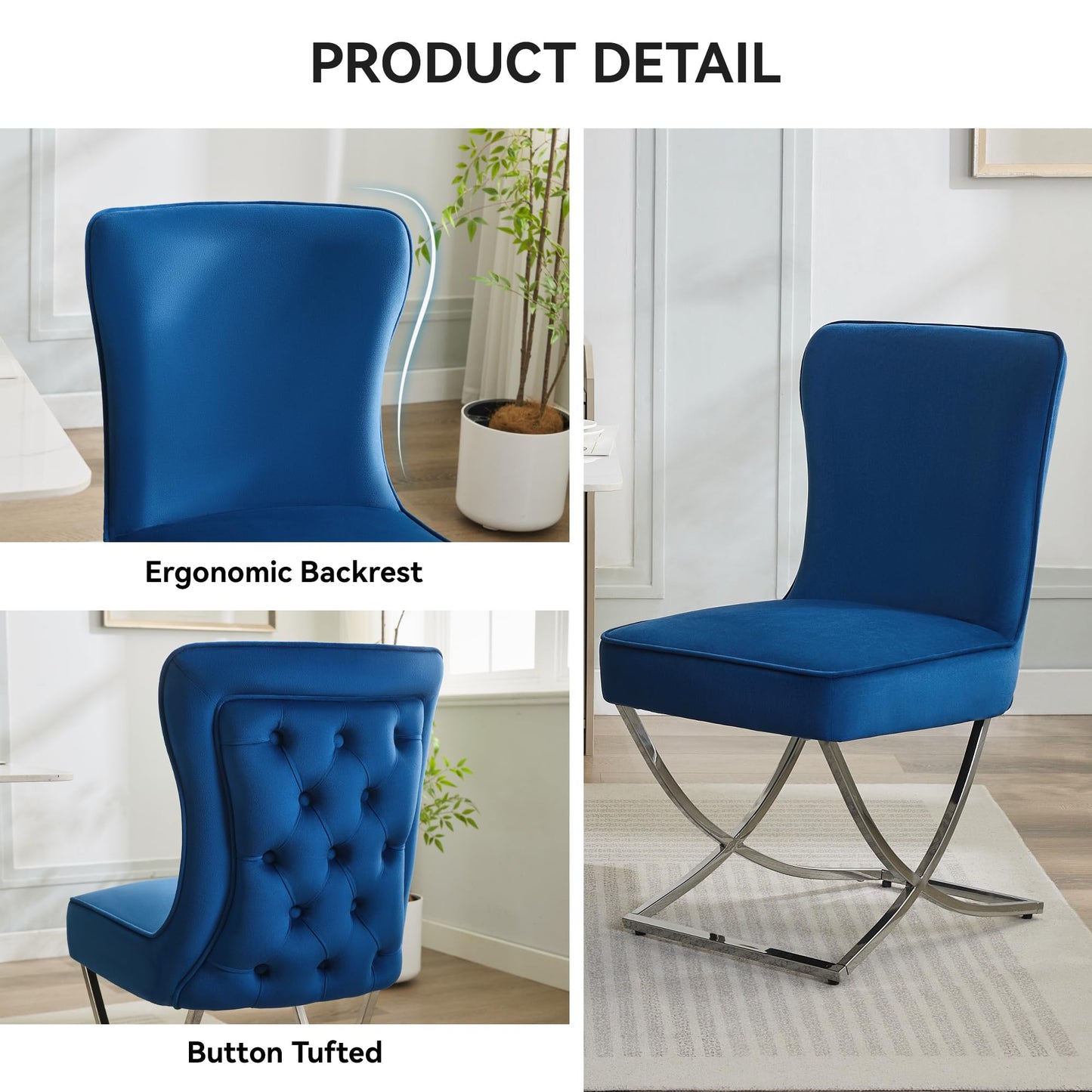 Luxury Velvet Dining Chairs, Tufted Upholstered Armless Accent Chairs with Silver Metal X-Legs, Modern Glam Dining Room Chair Set of 2, Navy