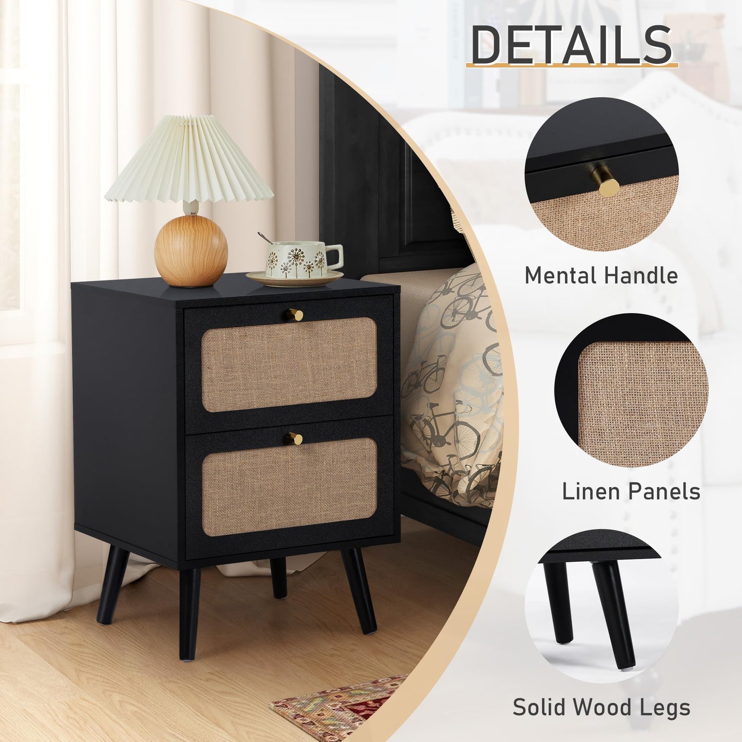 RUSTYER Mid Century Night Stand Set of 2, Modern Nightstand with 2 Drawers & Curved Linen Panel, Farmhouse End Table Wood Bedside Table Small Side Tables for Small Space, Bedroom (Black)