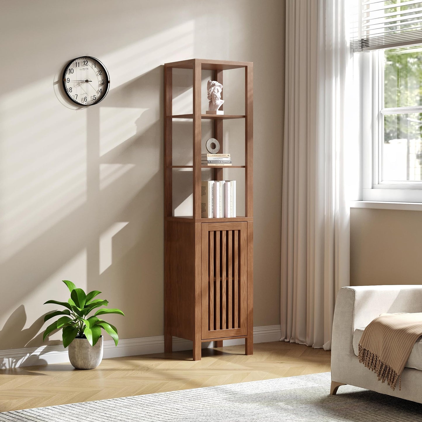BVIUNTWO 6-Tier Tall Storage Cabinet with Shelves, 67" Brown Farmhouse Bathroom Tower with Push Door and Adjustable Shelf for Living Room, Entryway