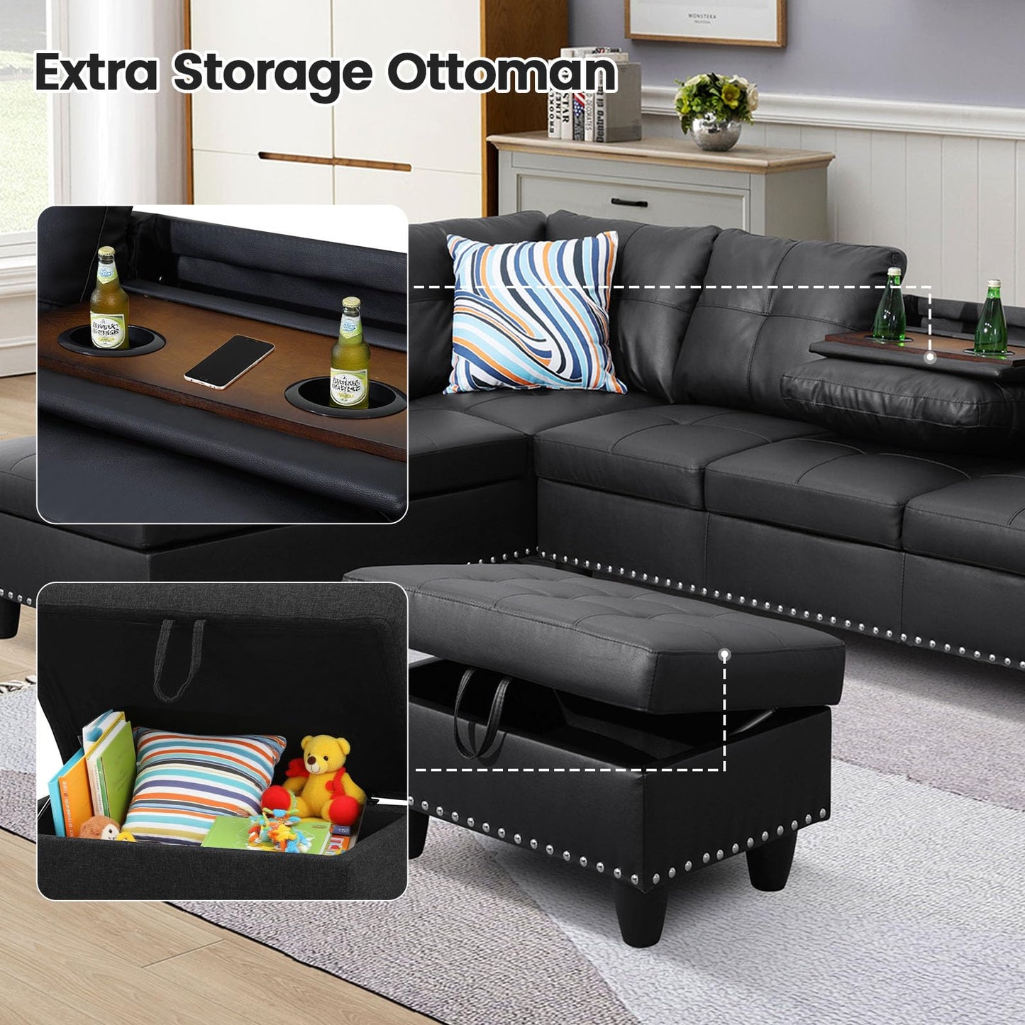 FONTOI L Shaped Sectional Couch with Cup Holders, 97" Sectional Sofa for Living Room Modular Couches with Otttoman for Bedroom, Apartments