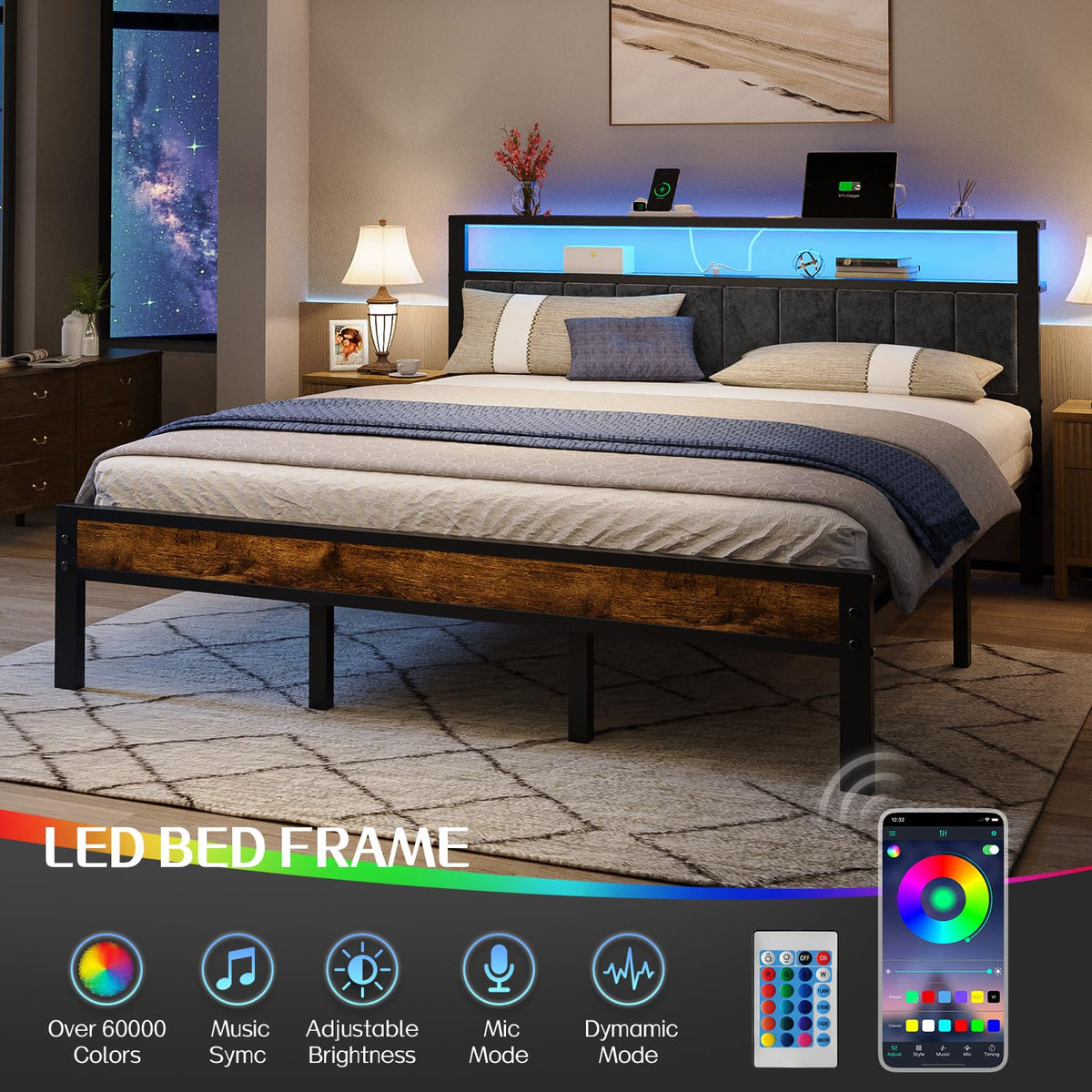 King Size Platform Bed Frame with LED Lights, Grey Upholstered Headboard with 2-Tier Storage Shelves with Charging Station, Noise Free, No Box Spring Needed, Easy Assemably