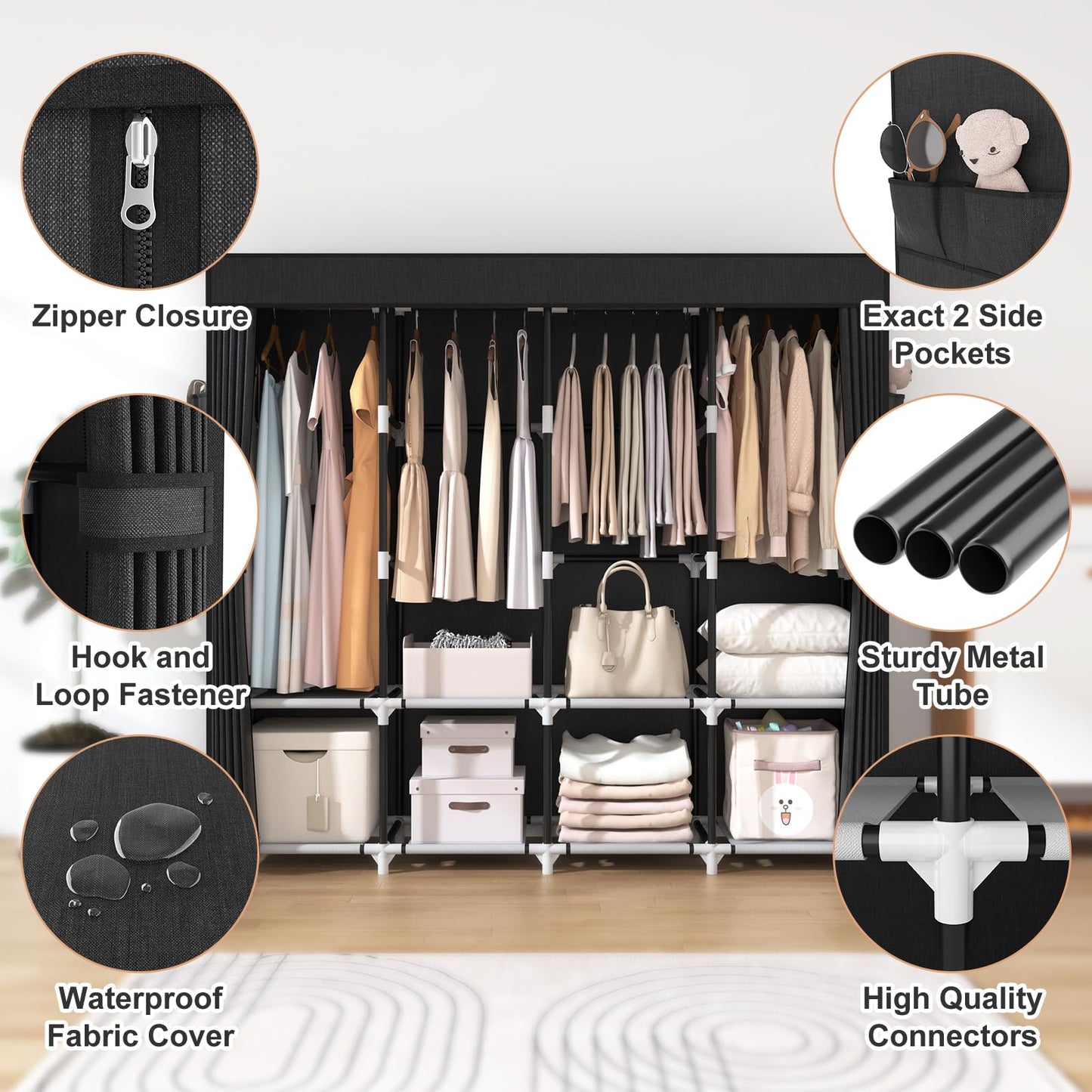 VTRIN Portable Closet for Hanging Clothes 67 Inch Wide Large Capacity Portable Wardrobe Closet with Cover, 4 Storage Shelves and 4 Hanging Rod Sturdy Free Standing Closet for Bedroom, Black