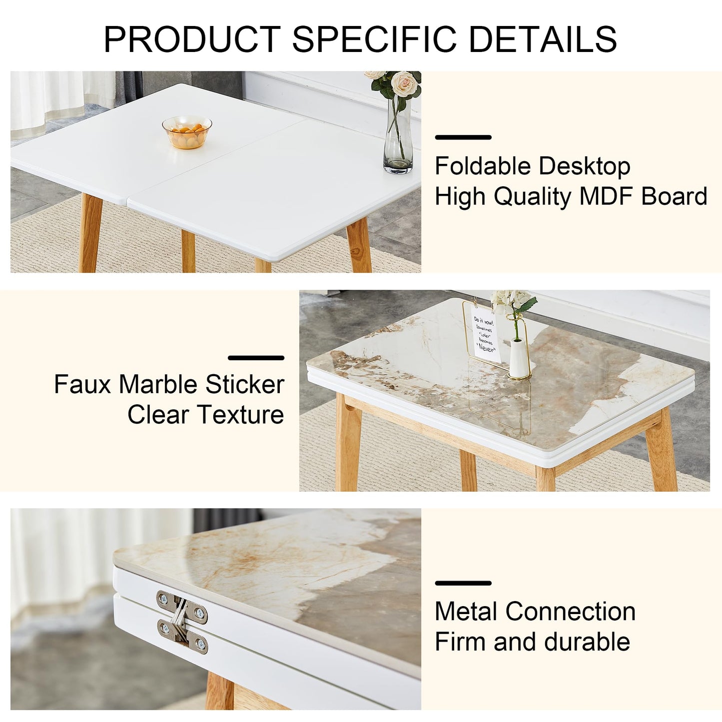 JEARGE 35-47" Marble Dining Table Set for 4, Extendable Dining Table Set for 4, Stone Table Top with Wood Stand, Small Transformer Dining Set Ideal for Small Spaces and Apartments