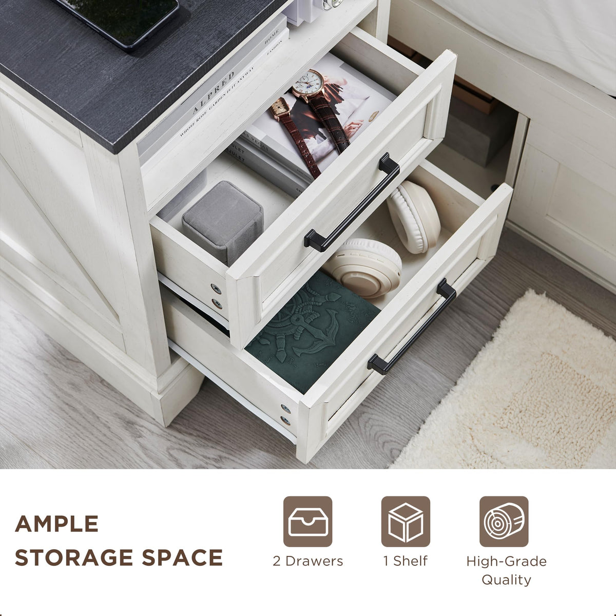 ACCOHOHO 18" Farmhouse Nightstand with Charging Station,End Table with 2 Drawers Storage,Side Table,Bedside Cabinet for Bedroom,Living Room,White