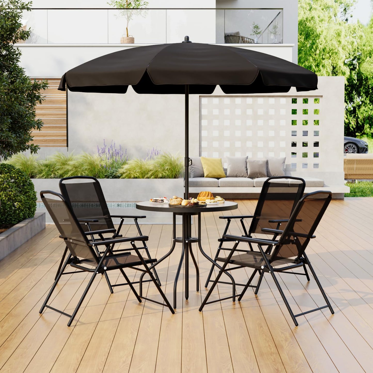 Tornivk 6 Pieces Patio Dining Set for 4, Small Outdoor Patio Table and Chairs Set, Patio Furniture Set with Umbrella & 4 Folding Chairs Portable Garden Dining Table Set for Garden, Backyard, Lawn