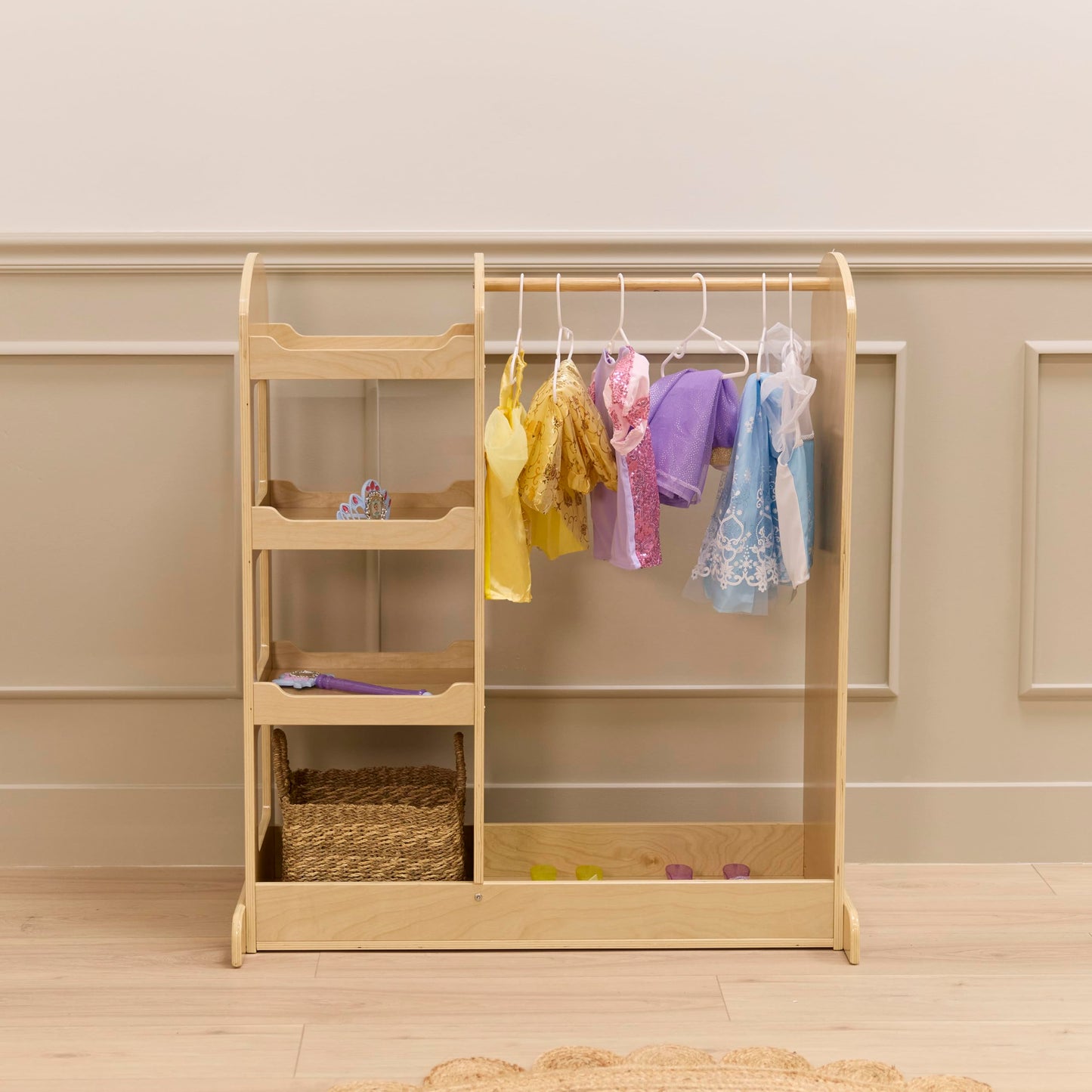 Back2School Express Double-Sided Dress-Up Center with Mirror, Clothes Rack, Natural