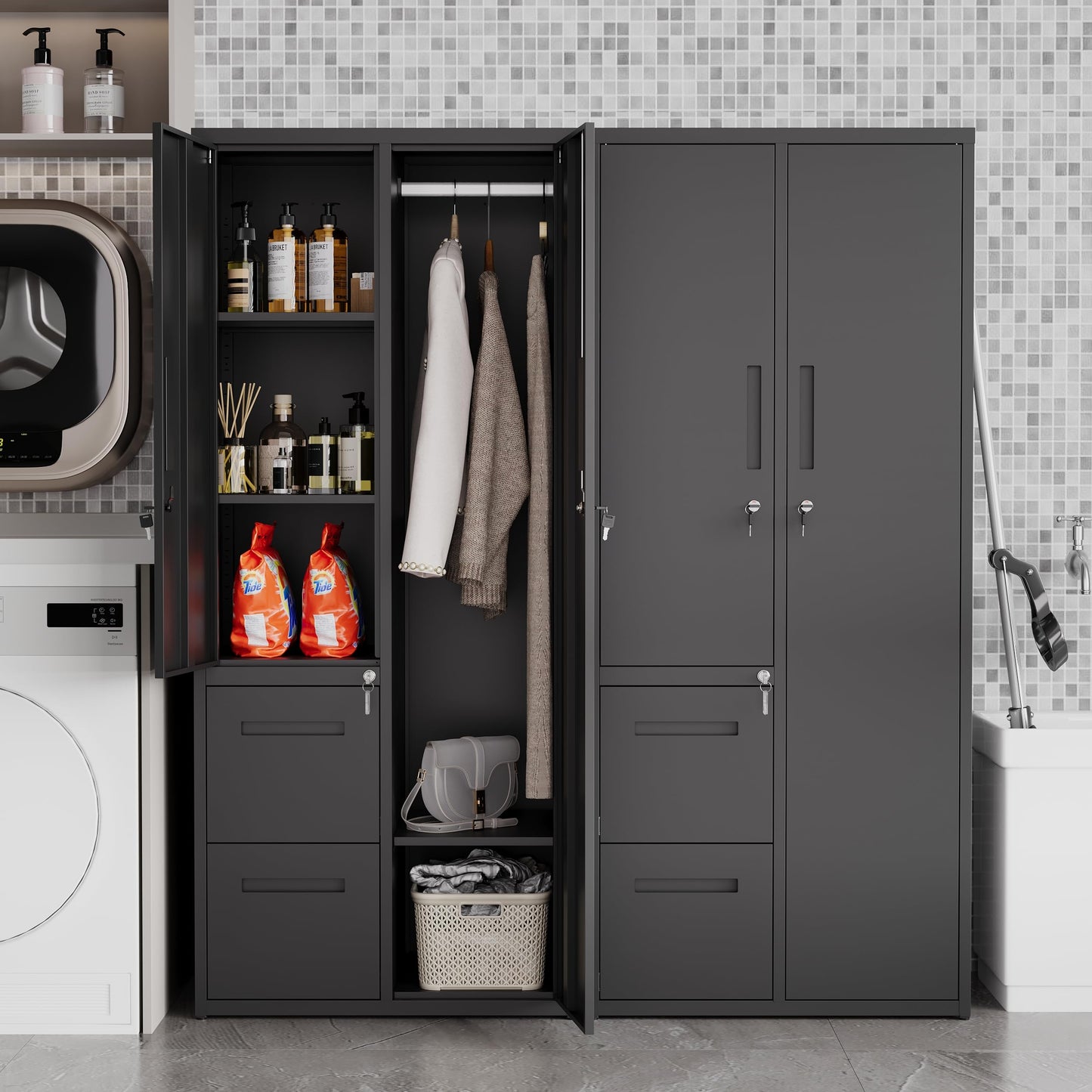Anxxsu Metal Storage Cabinets Locker, 67" Locker with Clothes Rod, Lockable Freestanding Wardrobe for Office, Home, School, Laundry Room, Gym (Black)