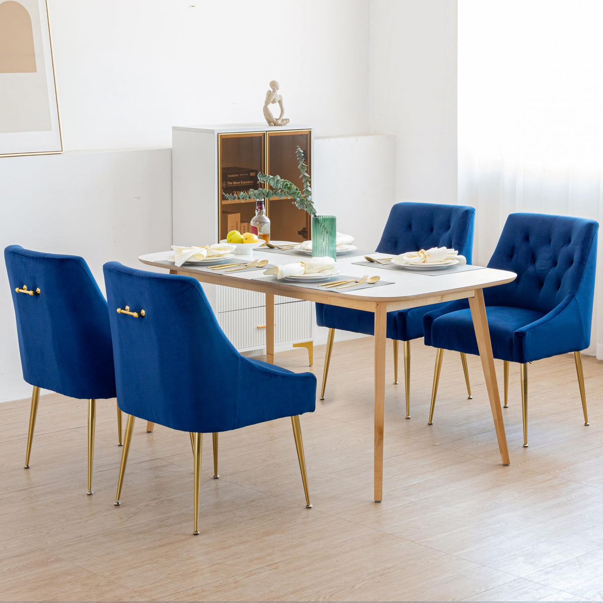 LONXIU Modern Dining Chair Set of 4, Mid-Century Room Chair, Upholstered Comfortable Velvet with Back Pull Rod and Metal Legs for Kitchen, Dining, Living (Blue) (DYXSD)