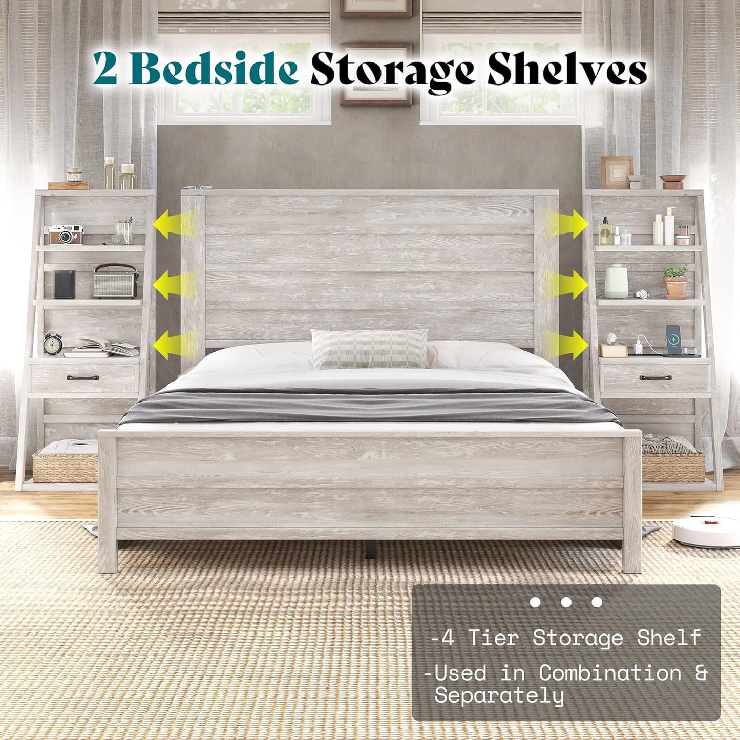AMERLIFE Queen Bed Frame with Bookcase Headboard & 4-Tier Bedside Shelf, Farmhouse Platform Bed with Charging Station and 2 Drawers, Noise-Free,
