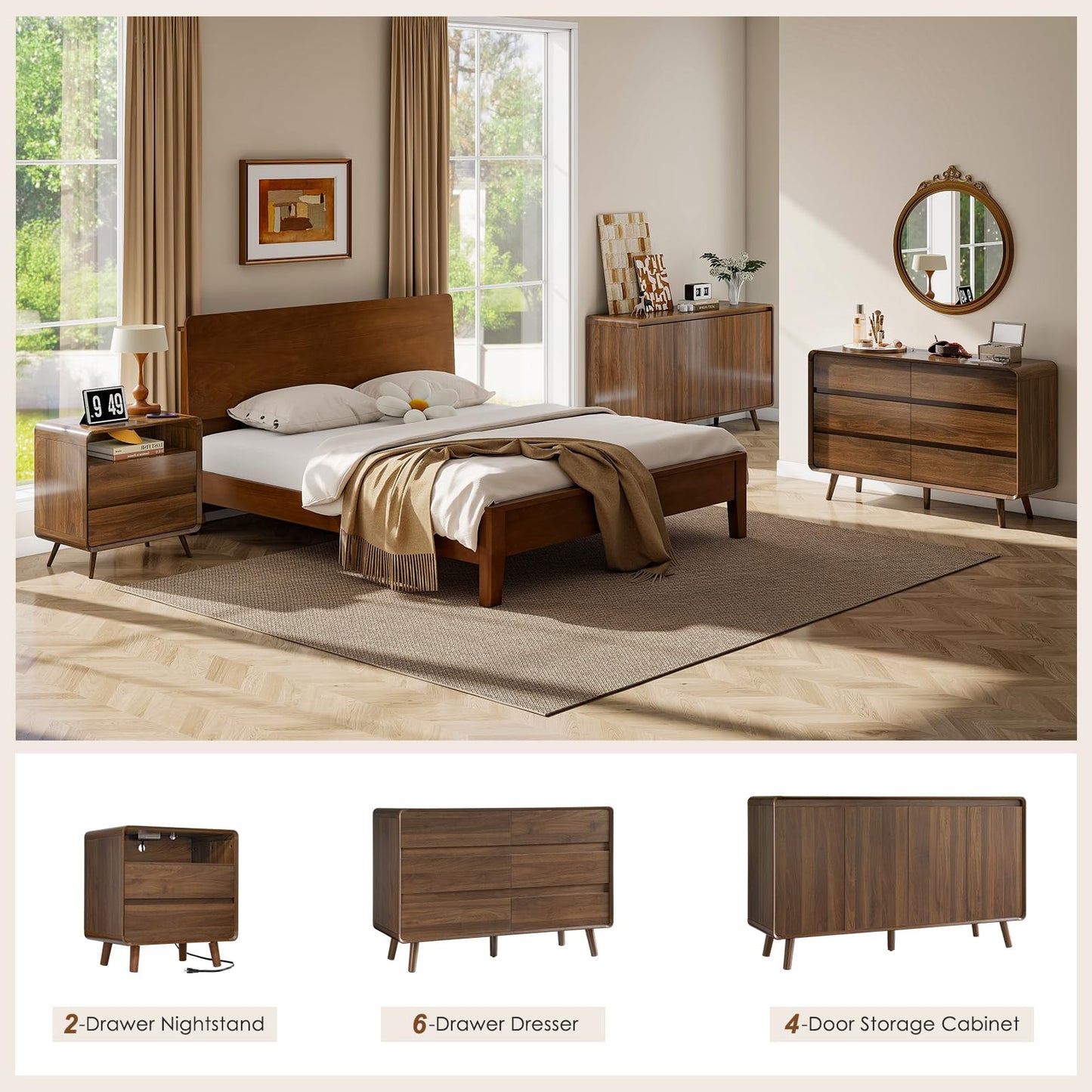 Nasonet 6 Drawer Dresser for Bedroom, Mid Century Modern Dressers & Chests of Drawers, Wood Storage Drawer Dressers for Hallway, Entryway, Walnut