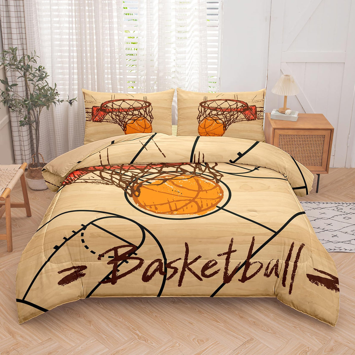 Peopleareok Basketball Bedding Set Twin (68x86 Inch), 3D Printed Basketball Theme Comforter, Boys Sport Bedding, 2 Pieces Soft Microfiber Comforter Set for Boys with Pillowcase