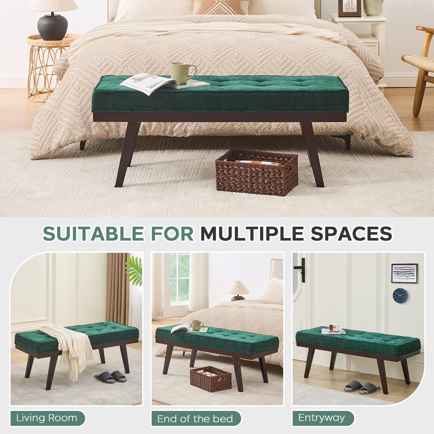 Entryway Bench, 47.2" End of Bed Bench, Chenille Benches for Bedroom Ottoman Bench with Padded Seat, Tufted Upholstered Indoor Bench with Rubber Wood Legs for Living Room, Mudroom, Hallway, Green