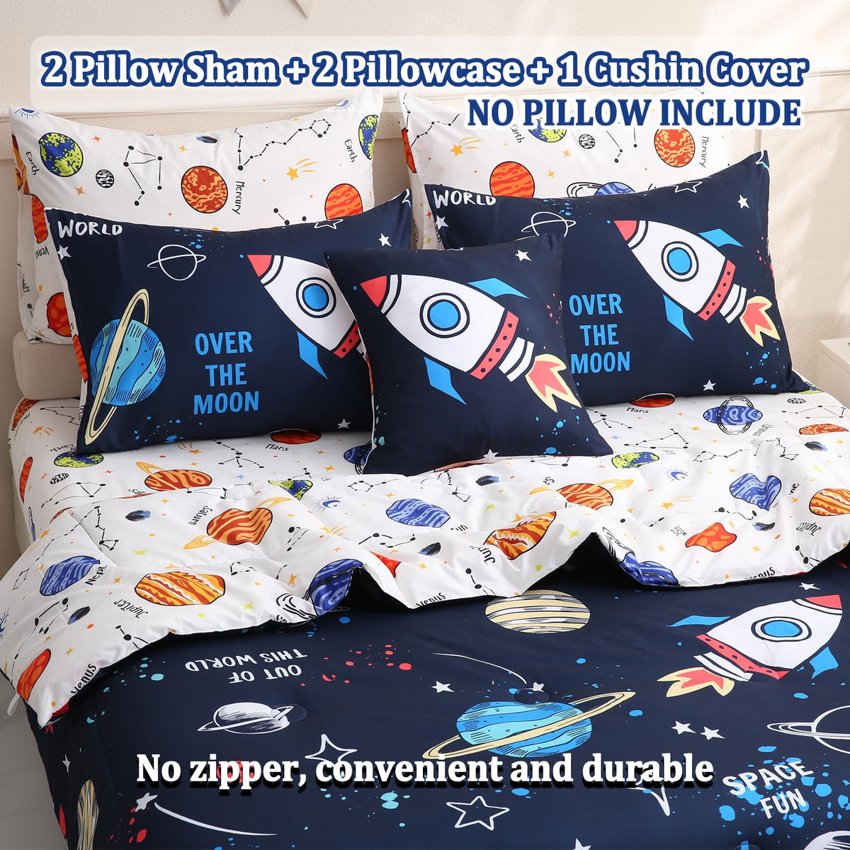Tasselily 8 Piece Space Comforter Set Twin Size, Rocket Bed in a Bag Space Theme Bedding Sets for Boys Girls Kids