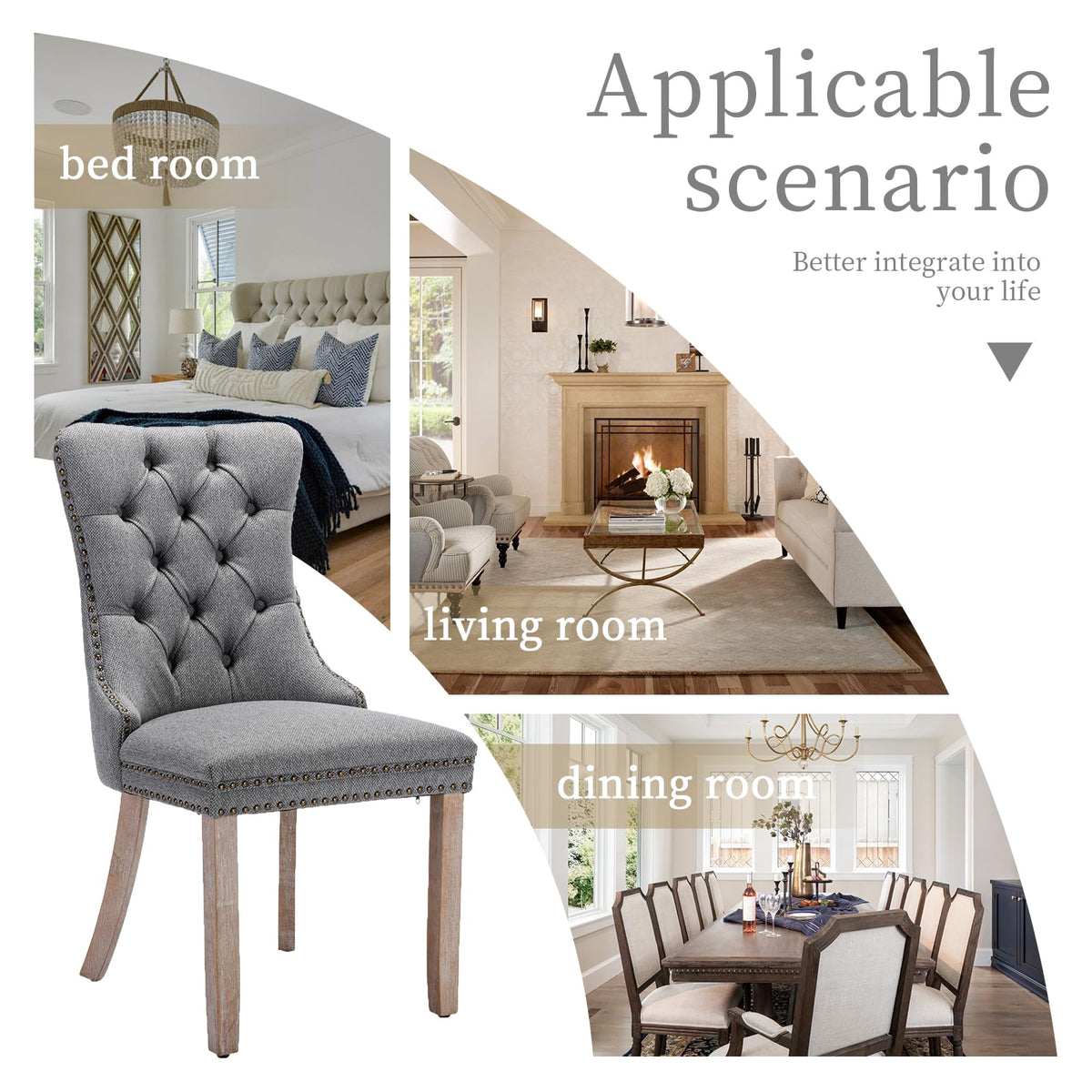 LKTART Upholstered Dining Chairs Set of 4 with Button Tufted, Linen Chair with Solid Wood Legs for Dining Room, Living Room, Bedroom, Kitchen Grey