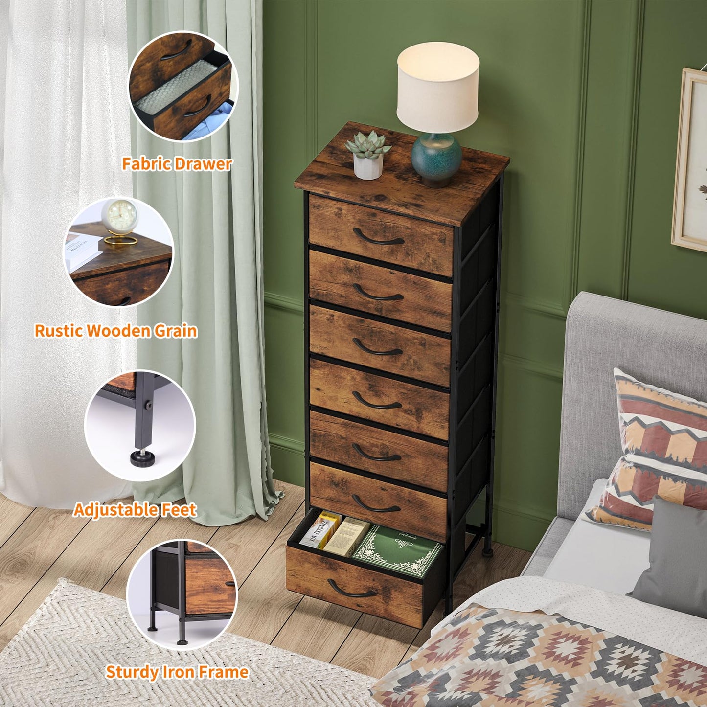 Fixwal Tall Dresser for Bedroom, Storage Dresser Organizer with 7 Fabric Drawers, Nightstand Furniture in Closet, Entryway, Hallway, Rustic Brown Wood Grain Print