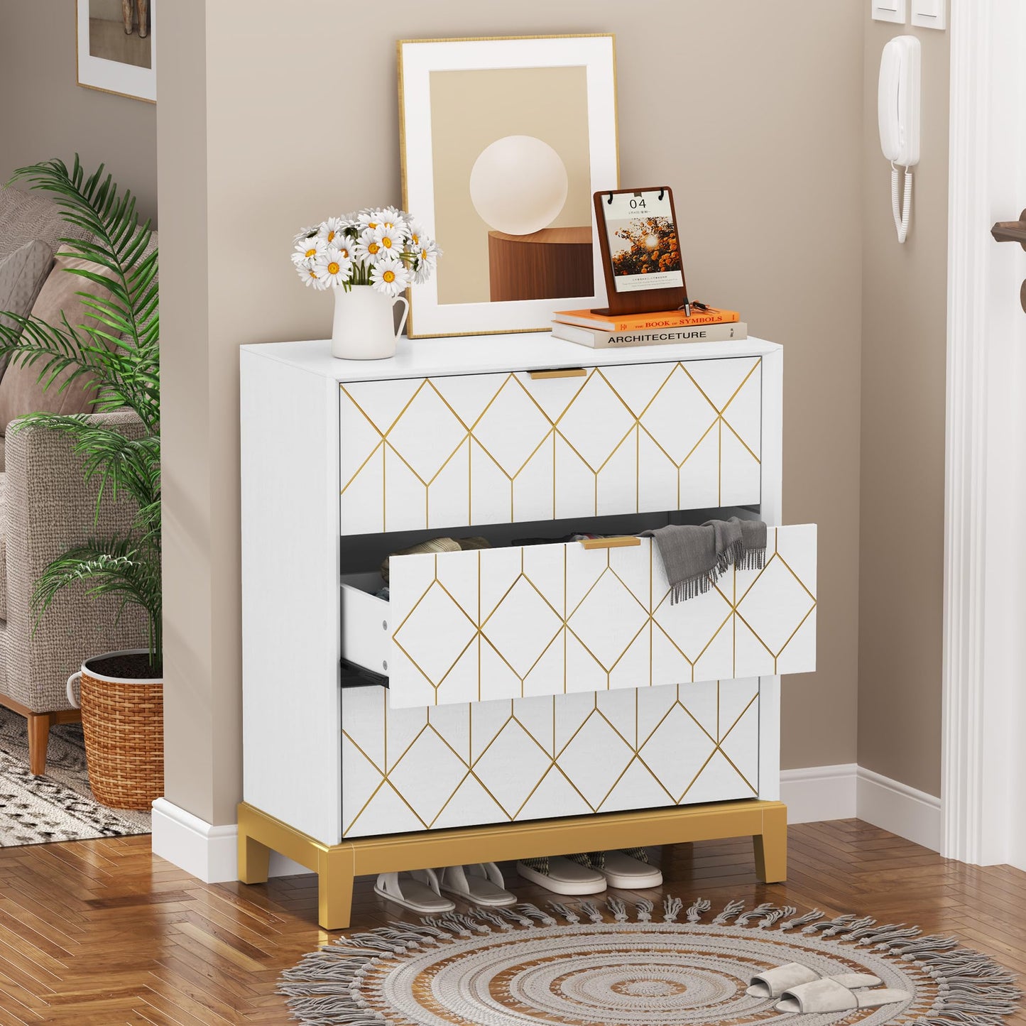 HLR 3 Drawer Dresser for Bedroom, Modern Wood Chest of Drawers with Gold Trim, Accent Dresser Storage Tower, White Organizer Cabinet for Closet, Living Room, Hallway, Entryway