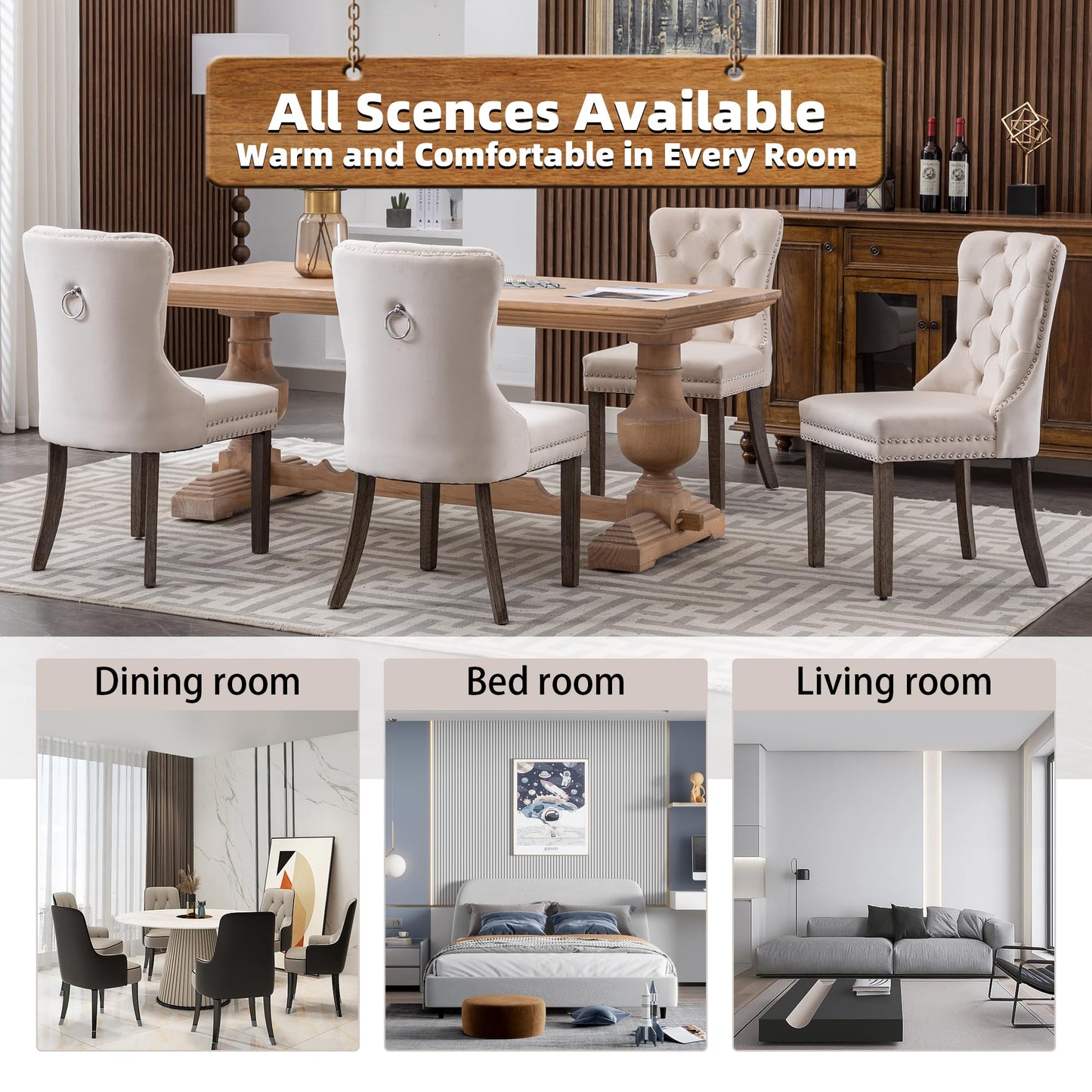 GOOLON Dining Room Chairs Set of 2, Velvet Button Tufted Dining Chairs with Rivet Trim Metal Pull Ring Wood Legs for Kitchen Restaurant Dining Room, Beige