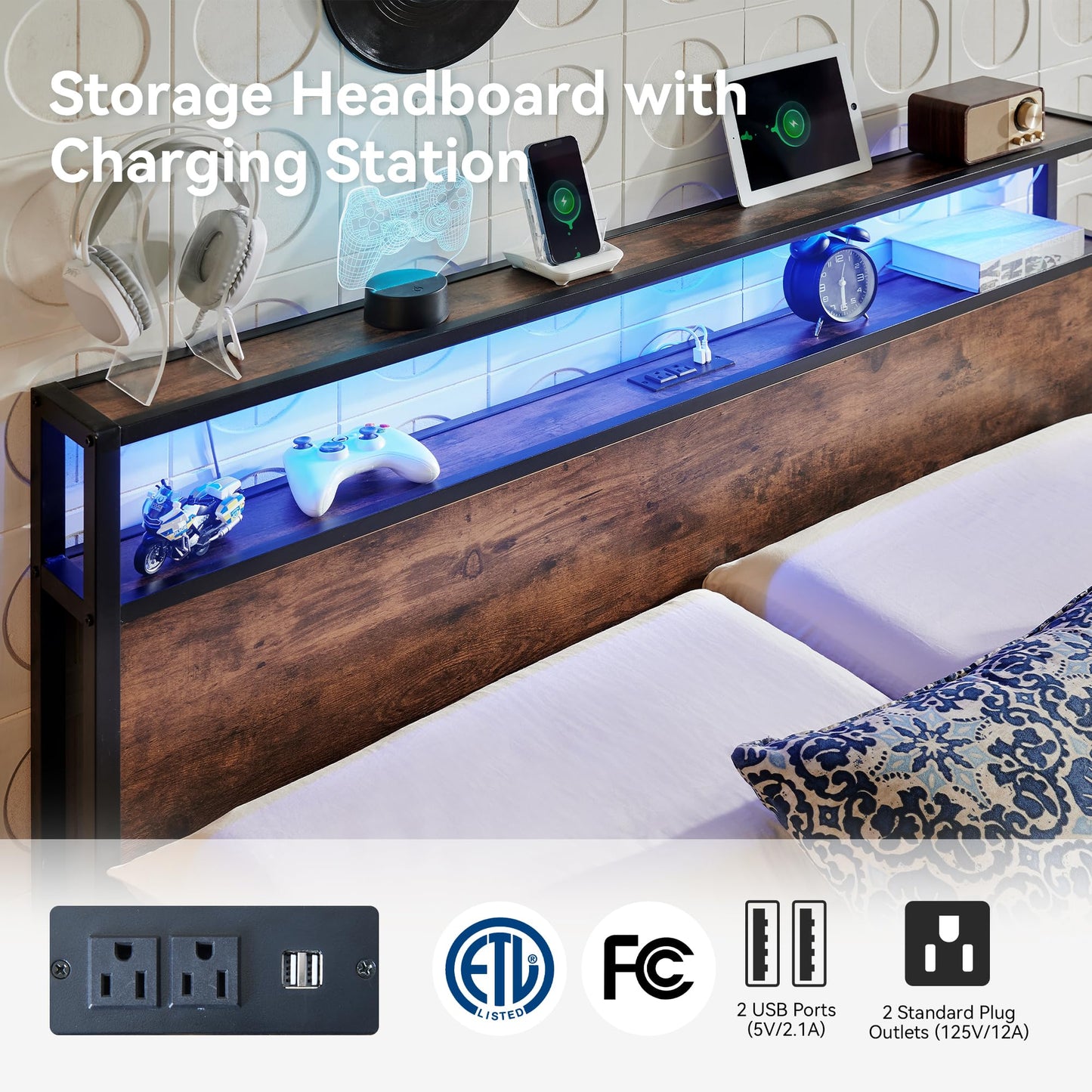 BedsPick Full Size Bed Frame with 2-Tier Storage Headboard, Sturdy Metal Platform Bed Frame with Charging Station & LED Lights, Noise-Free/Metal Support/No Box Spring Needed, Rustic Brown