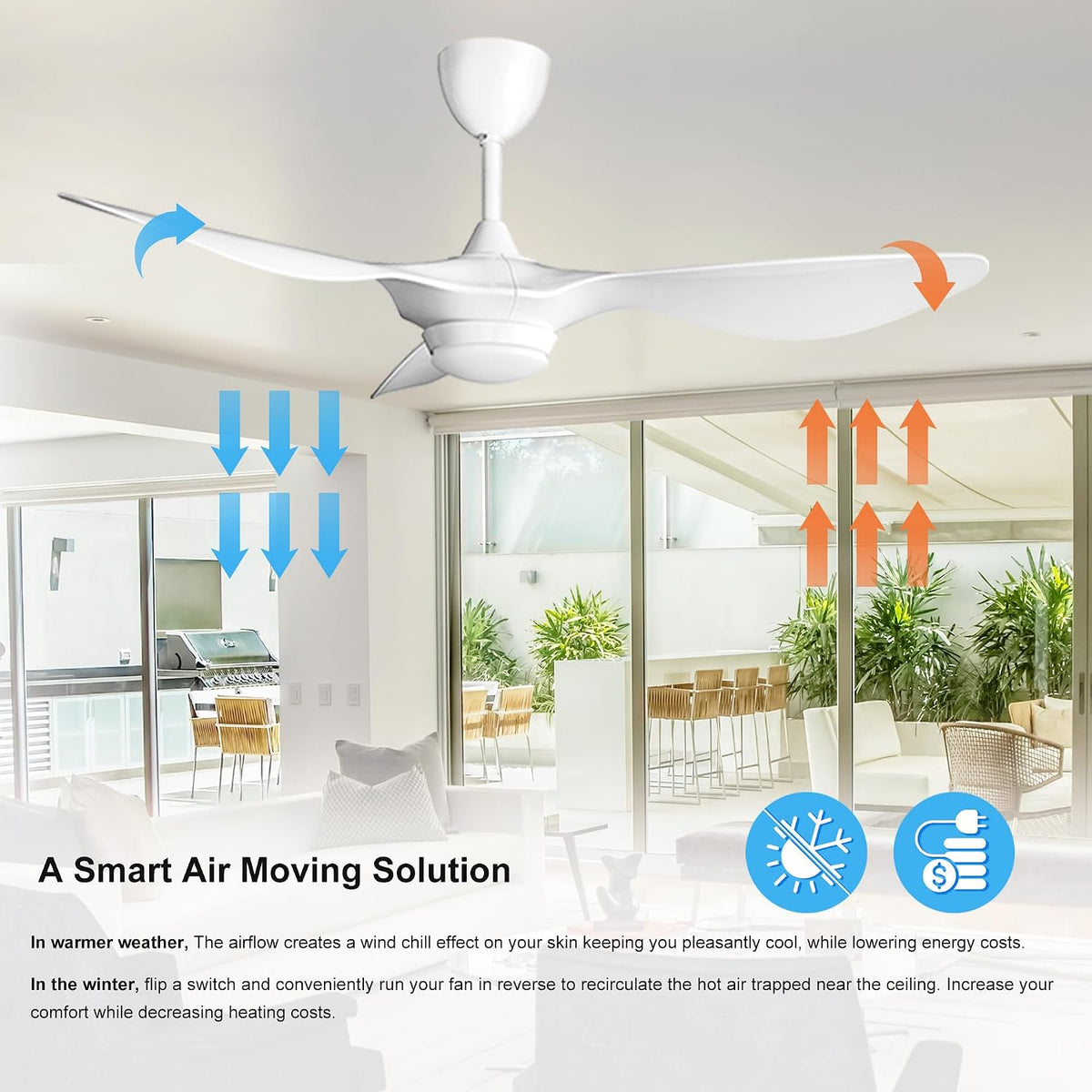 reiga Modern 52" White Smart Ceiling Fan with Light, 3 Blade Quiet DC Fan