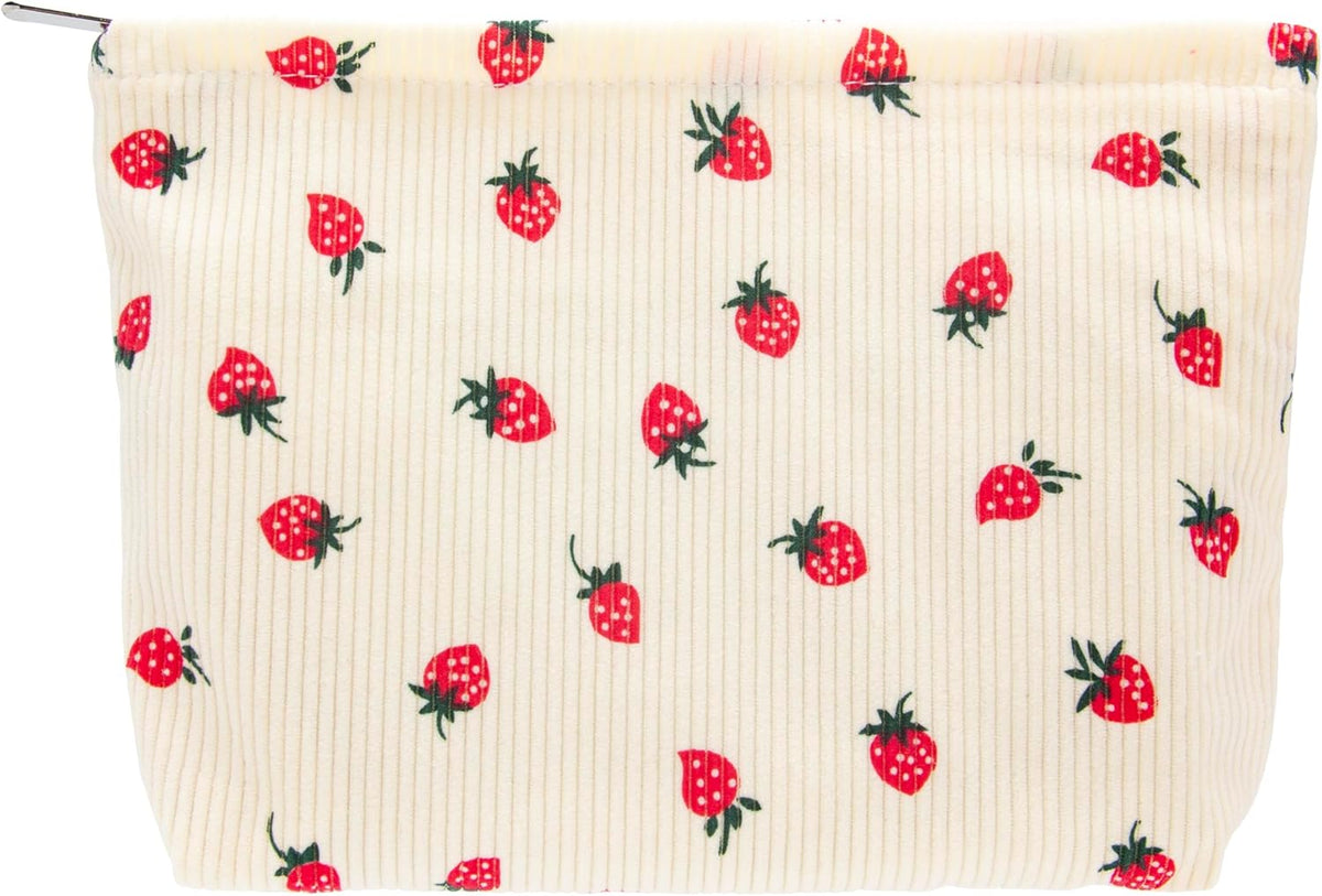 PAZIMIIK Makeup Bag Large Cotton Zipper Pouch for Purse Travel Canvas Make Up Organizer for Women Cosmetic,Strawberry Beige