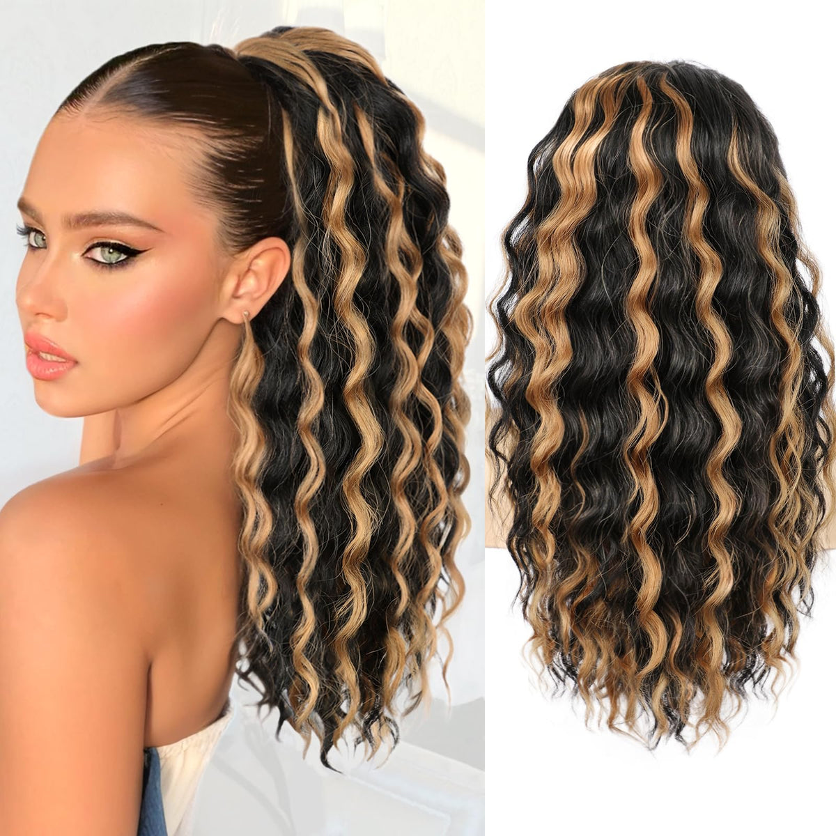SHNMIN Ponytail Extension, Curly Drawstring Ponytail Extension for Women 18 Inch Curly Wavy Ponytail Yaki Textured Natural Fluffy Synthetic Hairpiece for Daily Use