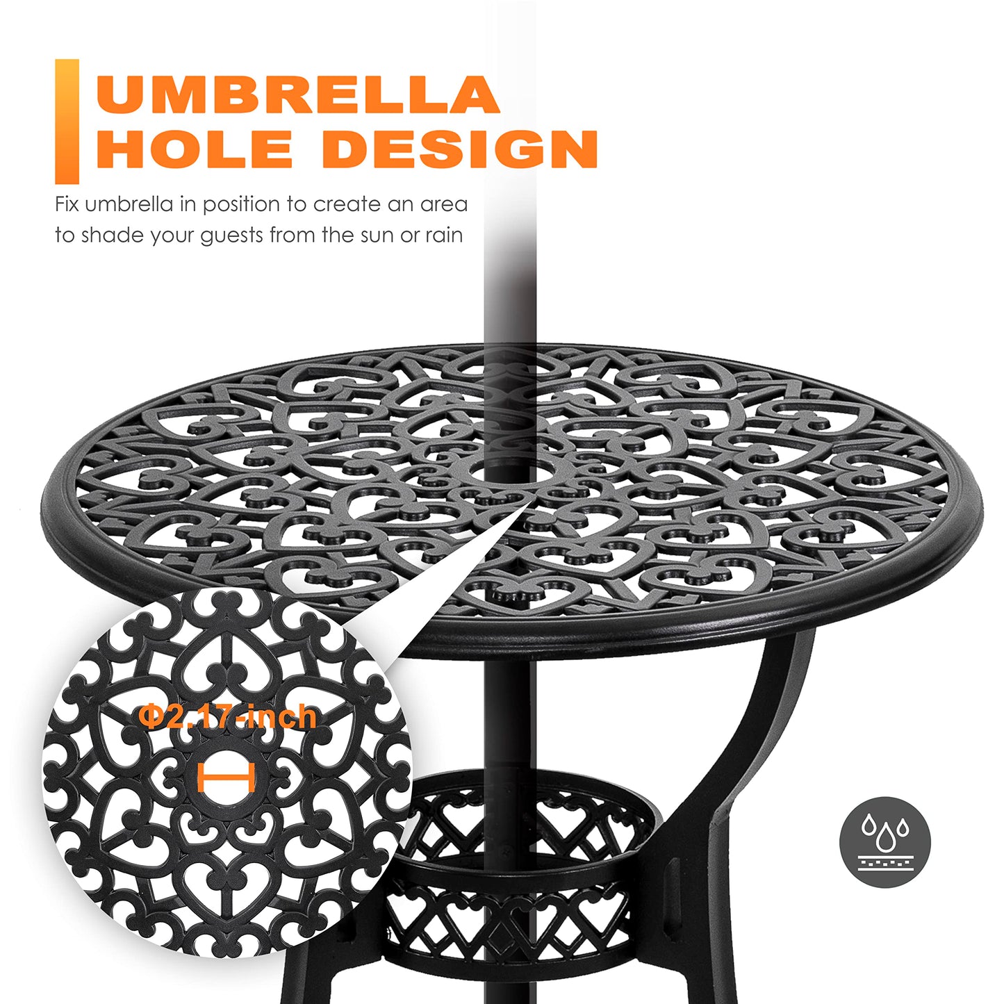 NUU GARDEN 3 Piece Outdoor Bistro Set Cast Aluminum Patio Set Bistro Table Set Rustproof Patio Table and Chairs with Umbrella Hole and Green Cushions for Backyard, Balcony, Porch, Black