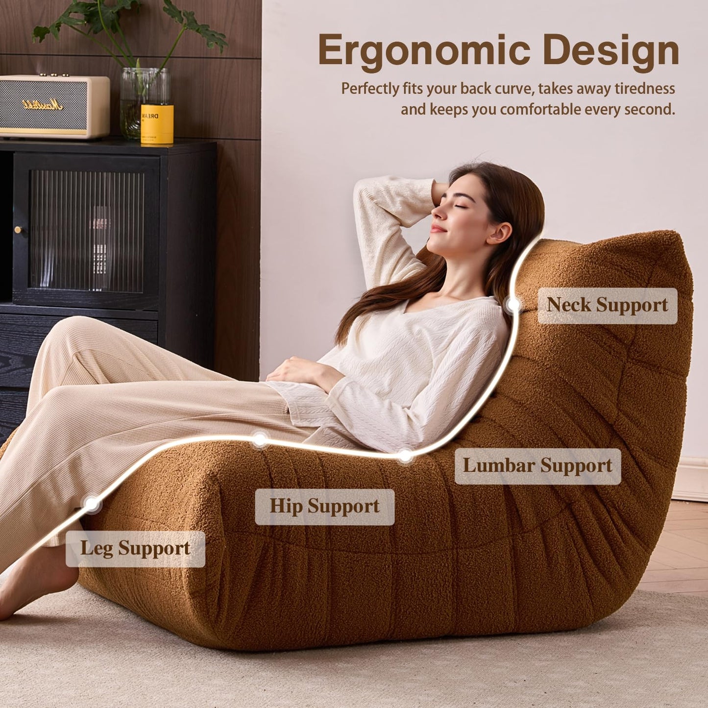 Giant Bean Bag Chairs for Adults - Lazy Floor Sofa Couch Single Seat - Fireside Lounger Chair with All-in-One Memory Foam - Beanbag Togo Sofa for Living Room Bedroom Dorm Office - Brown