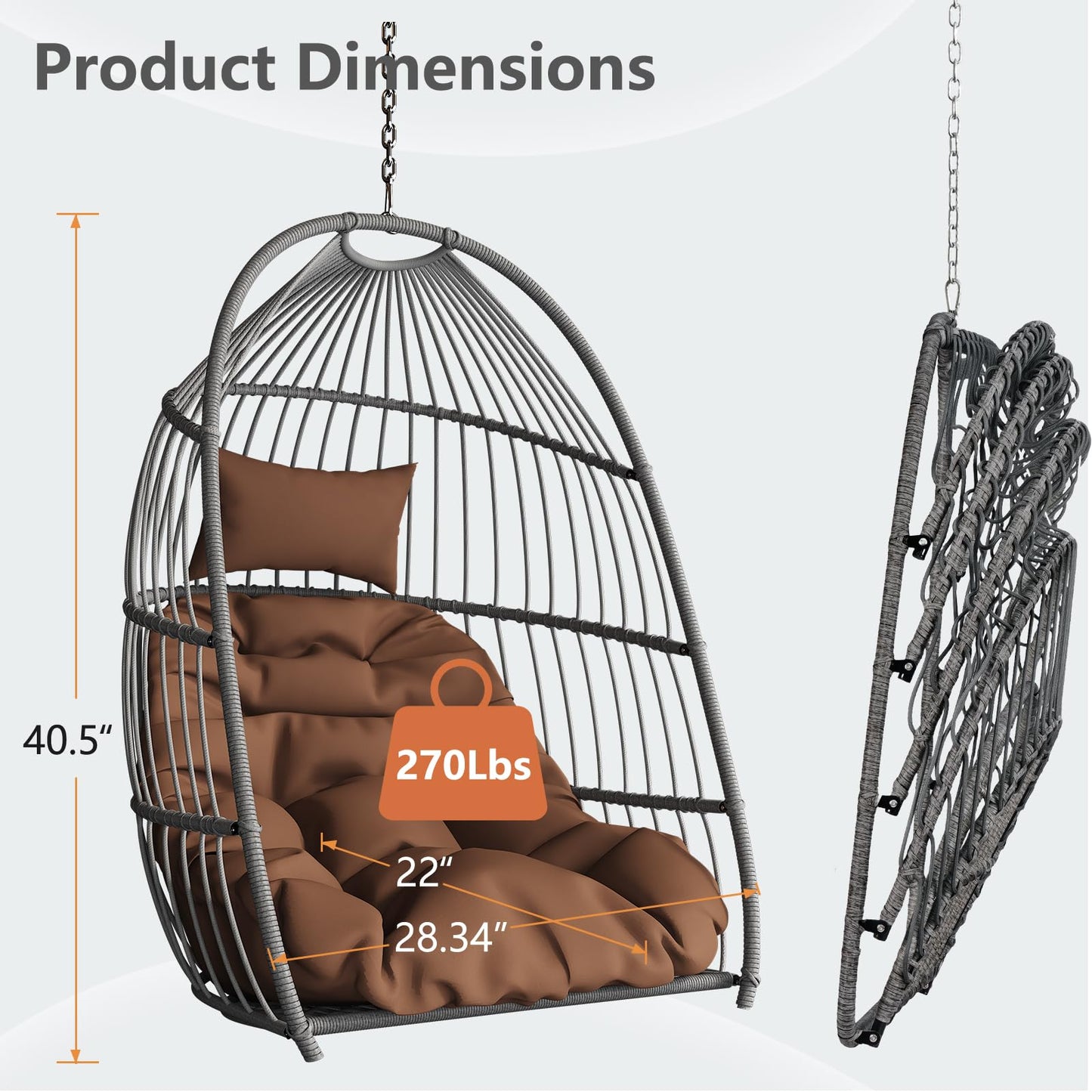 Hanging Egg Chair Without Stand, HDPE Rattan Foldable Swing Chair with Aluminum Frame & UV Resistant Cushion, Hammock Egg Basket for Indoor Outdoor Bedroom Garden, 350Lbs Capacity (Coffee)