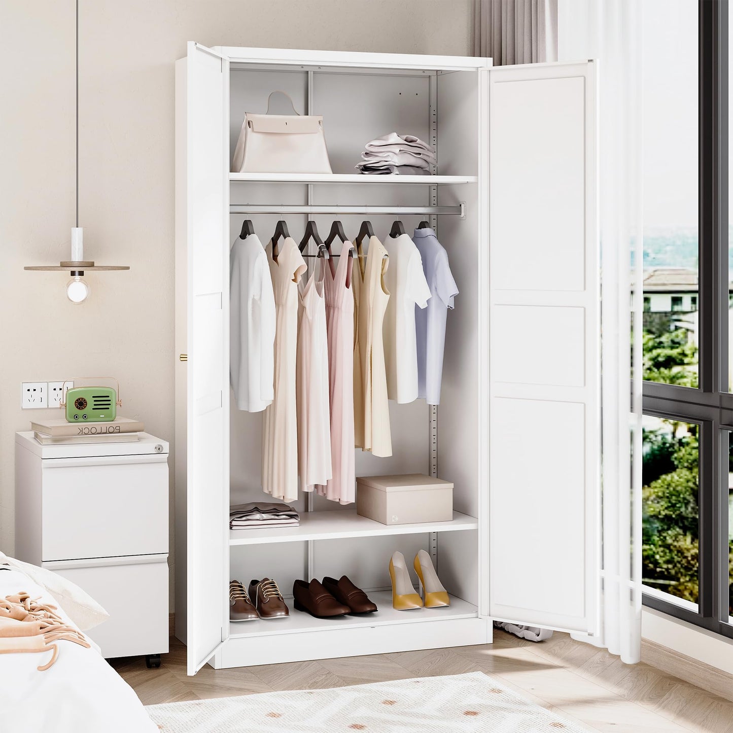 BYNSOE Metal Armoire Wardrobe Closet with 2 Doors 72'' Wardrobe Cabinet with Hanging Rail Metal Closet with Adjustable Shelves for Bedroom Require Assembly(White, 72inch)